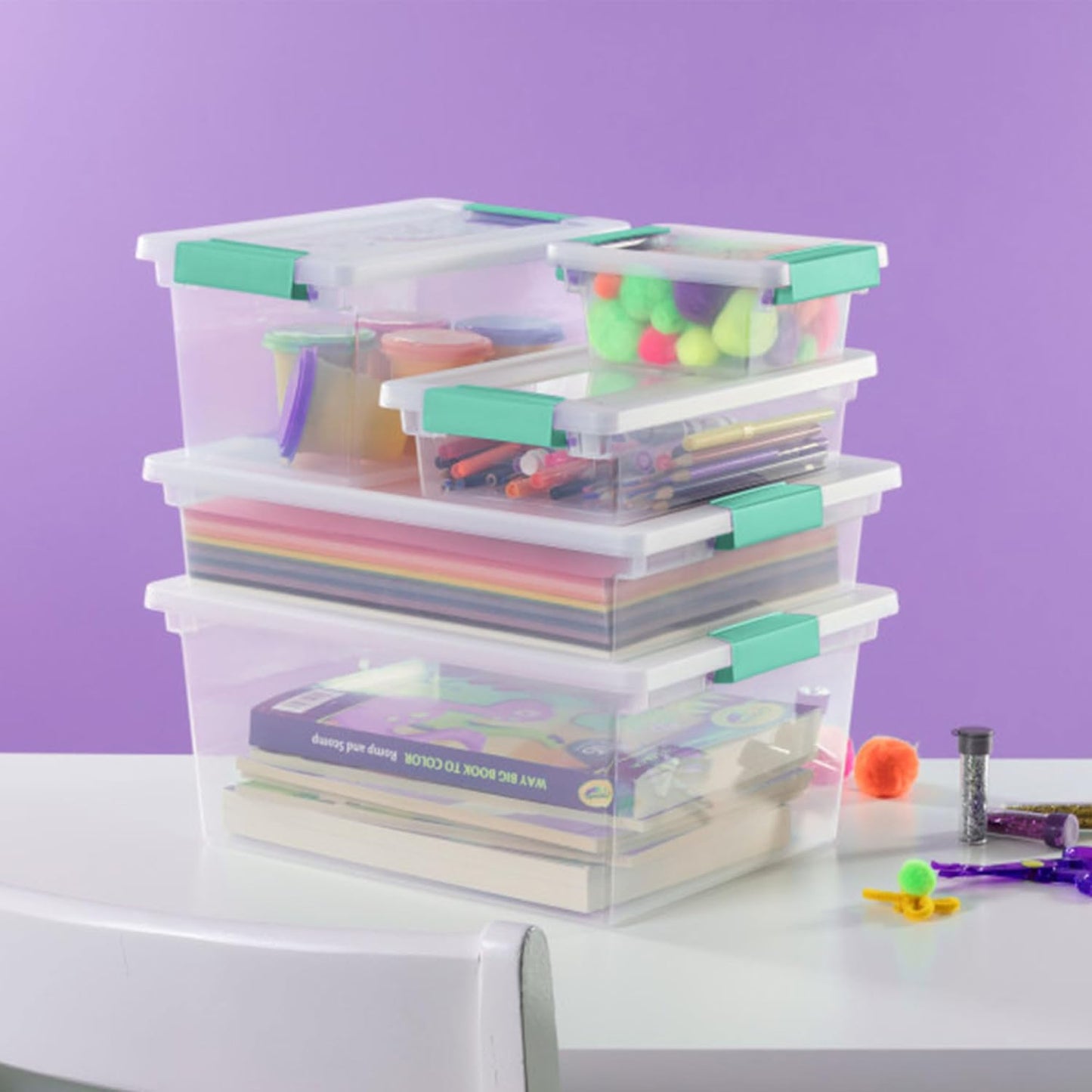 Sterilite 24-Pack Clip Box, Stackable Clear Plastic Bins with Latching Lids, Mini - Writing, Arts