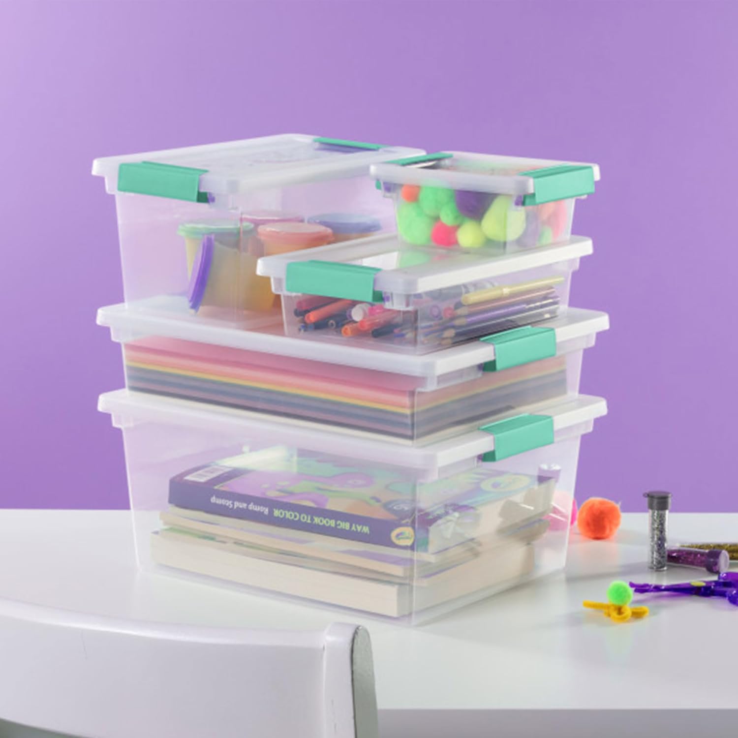 Sterilite 12-Pack Clip Box, Stackable Clear Plastic Bins with Latching Lids, Mini - Writing, Arts