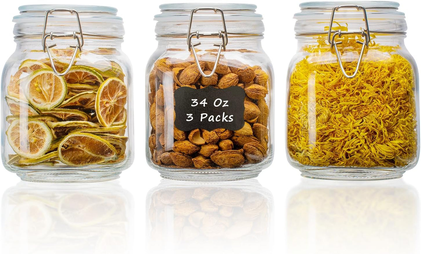 34oz Square Glass Food Storage Jars with Airtight Clamp Lids, 3 Pack Large Kitchen Canisters for