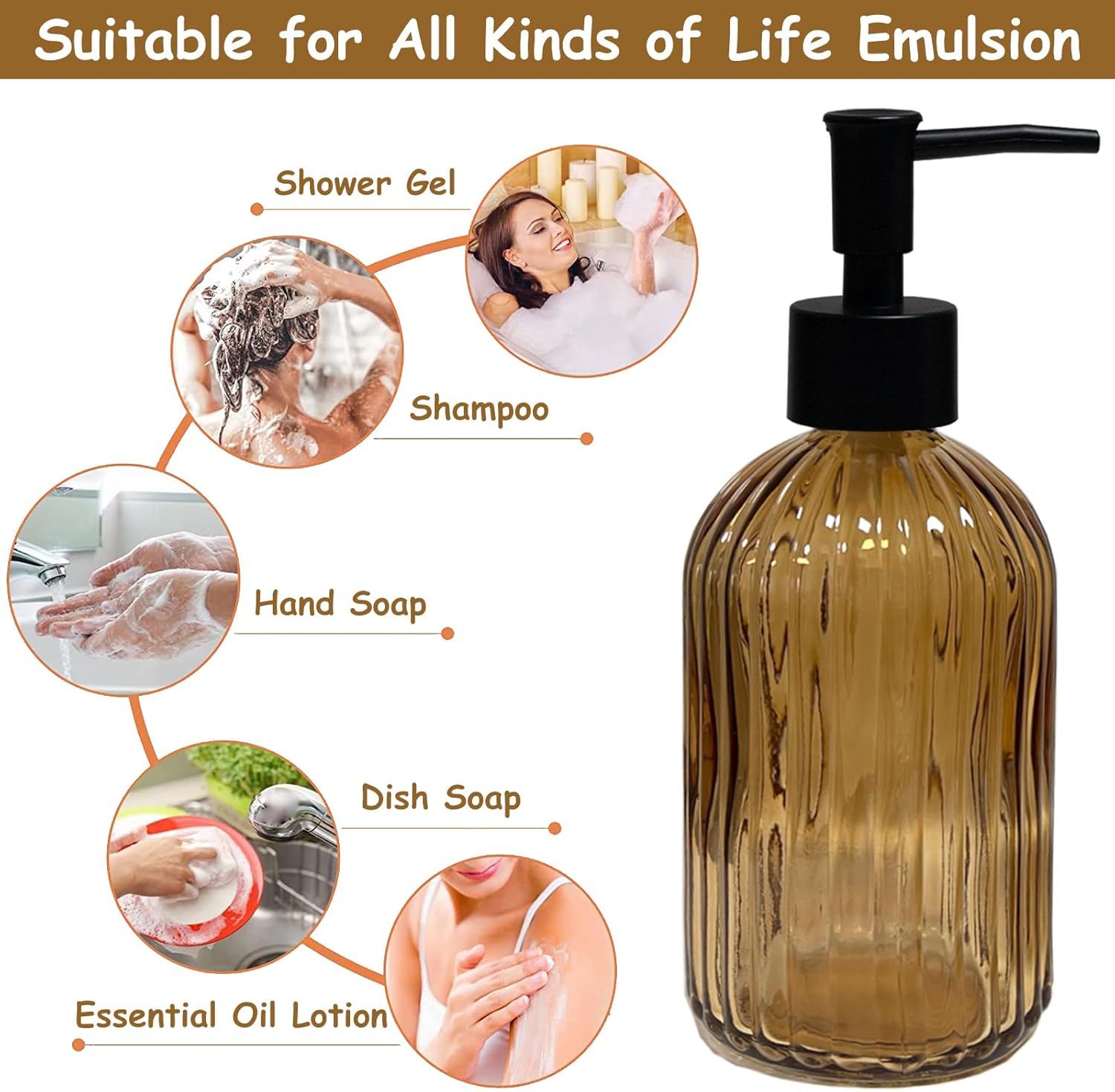 Black Pump Glass Soap Dispenser, 13.5oz Brown Stripe Countertop Refillable Liquid Bottle Hand Dish