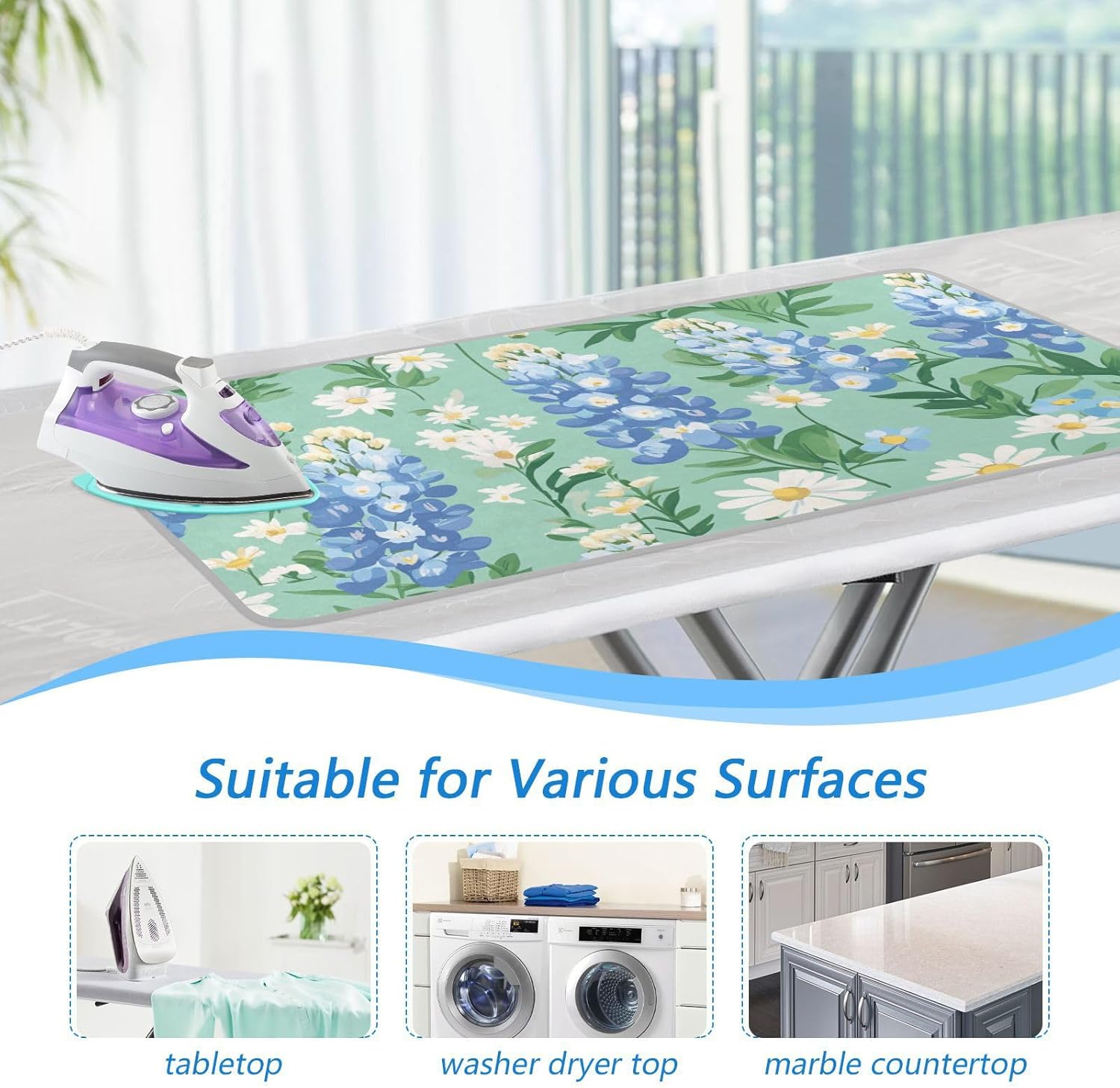 Mint Green Bluebonnet and Daisies Ironing Mat for Table top Portable Ironing Pad Blanket for Washer