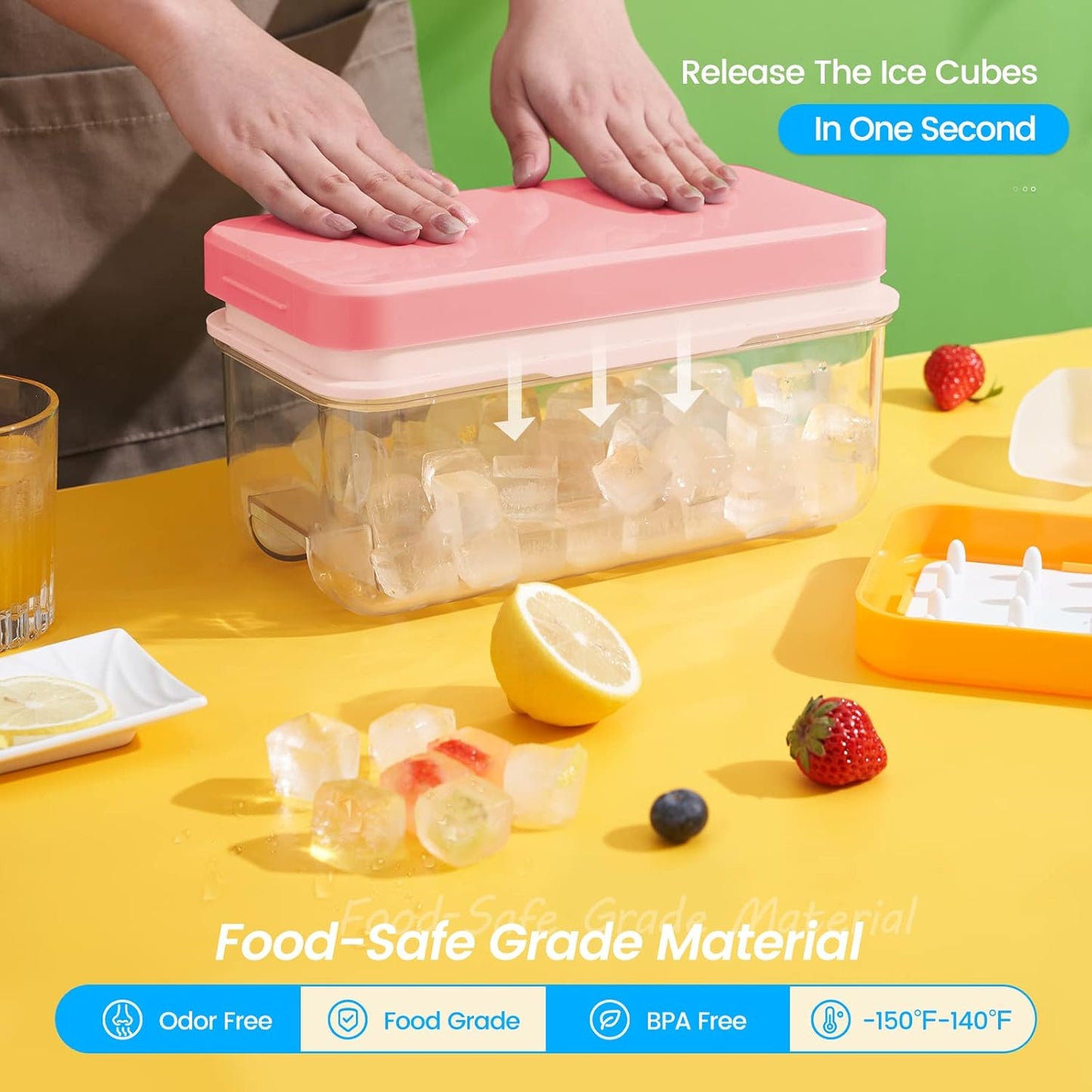 PHINOX Ice Cube Tray with Lid and Bin, Ice Trays for Freezer, Flexible Ice Cube Trays, Making 64