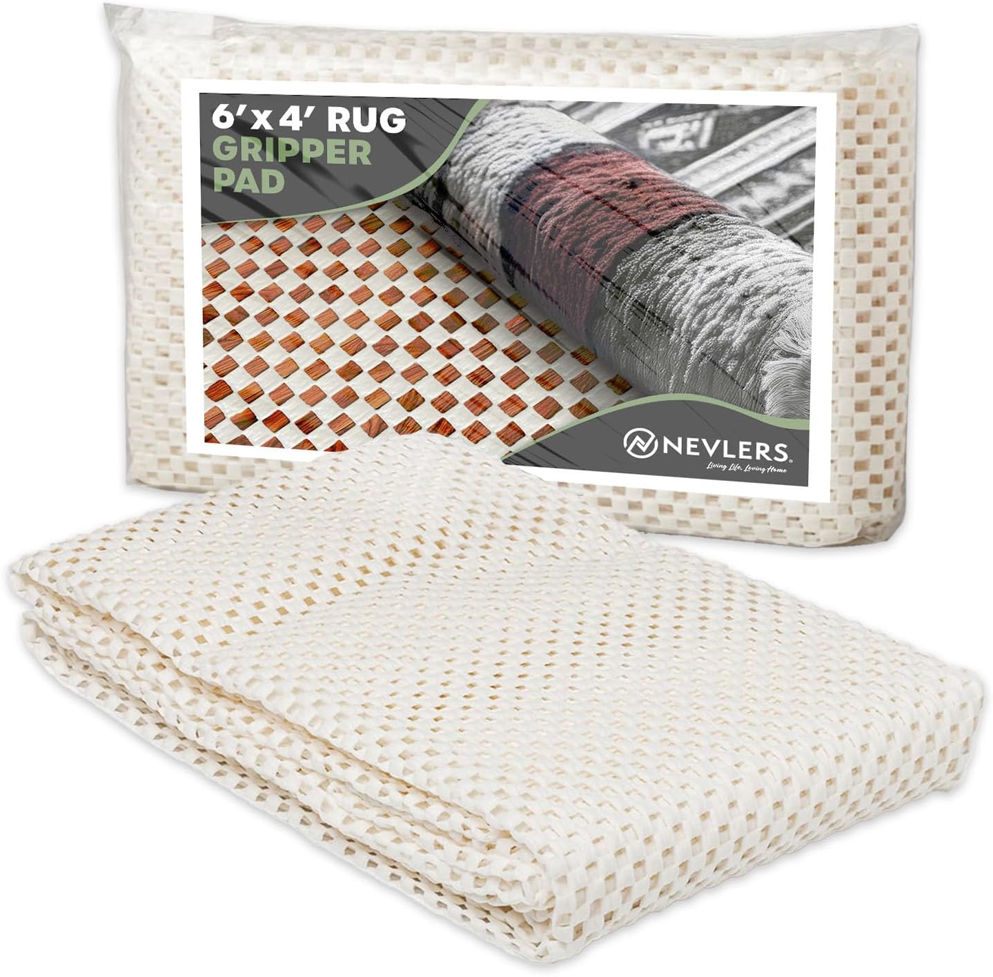 Nevlers 4'x6' White Non Slip Rug Pads | PVC Foam Rug Gripper for Hardwood Floors | Customizable