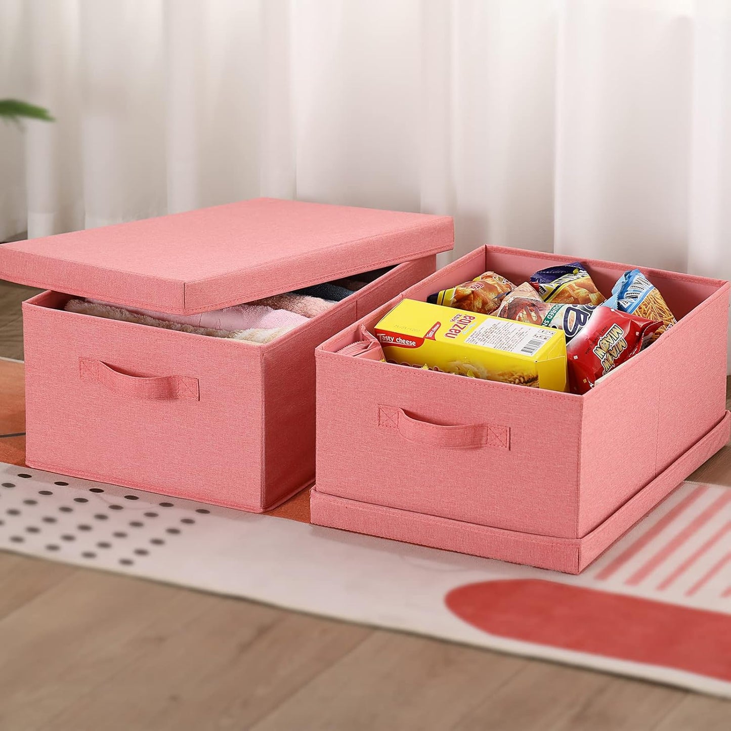 HOONEX Linen Foldable Storage Bins with Lids, 2 Pack, Storage Boxes with Carrying Handles and