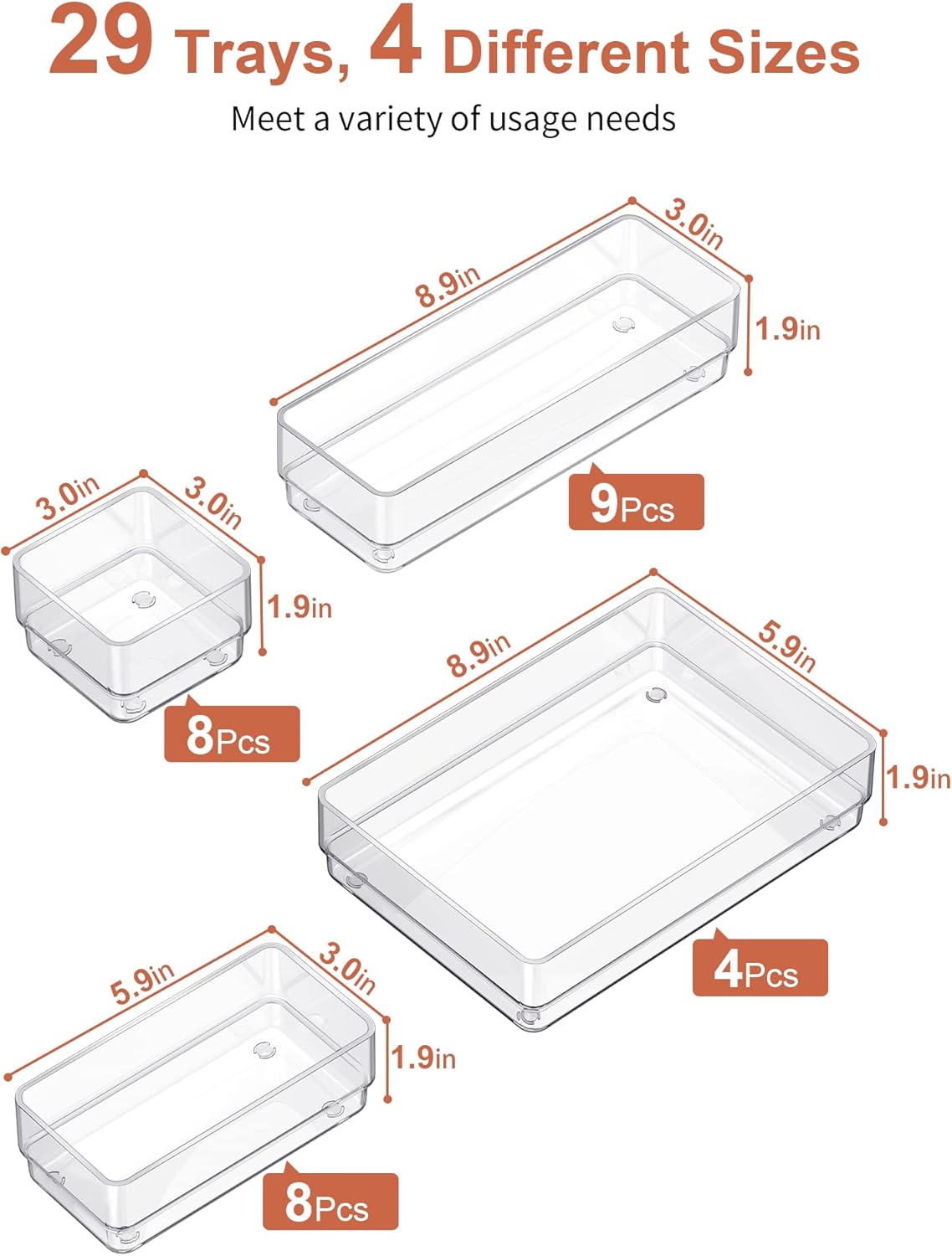 SMARTAKE 29-Piece Drawer Organizer with Non-Slip Silicone Pads, 4-Size Desk Drawer Organizer Trays