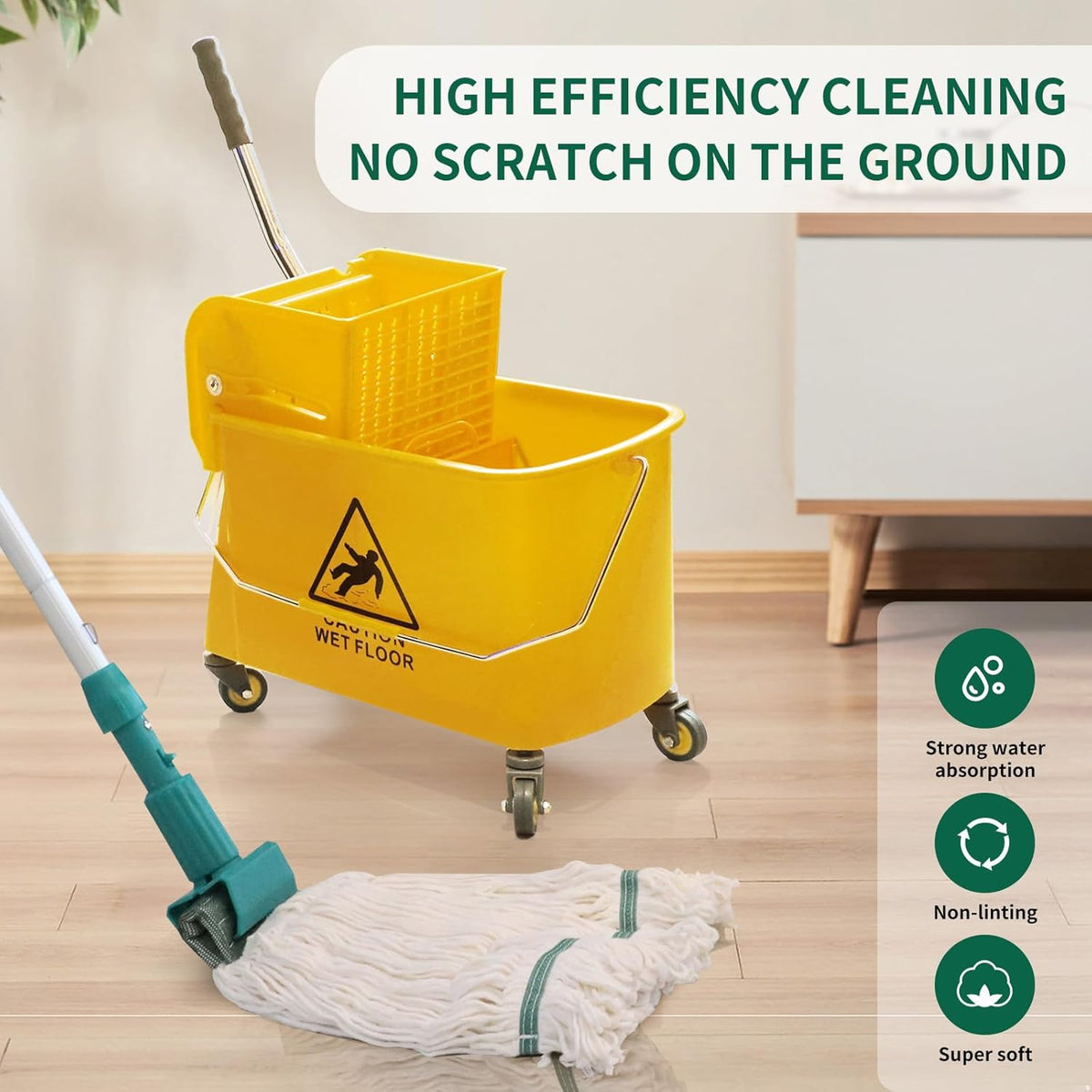 22 Qt (5.5 Gallon) Mop Bucket with Wringer for Floor Cleaning, Handle, Wheels, 16.5" L x 10.6" W x