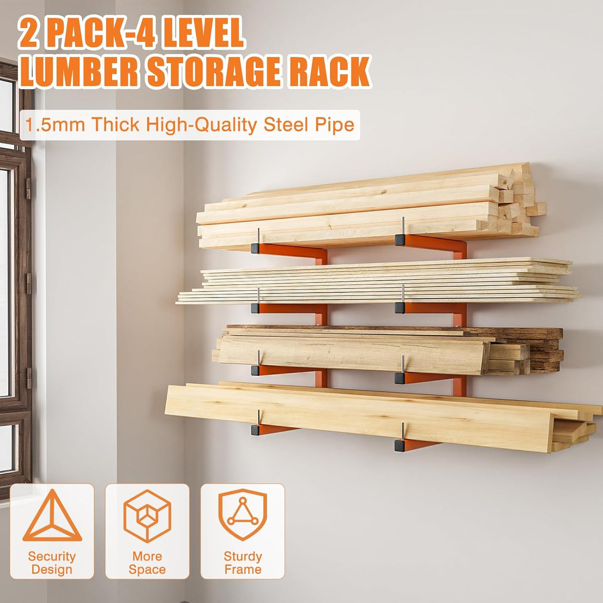 2-Pack Lumber Storage Rack, Wood Storage Racks Wall Mount, Heavy Duty Garage Wood Organizer With
