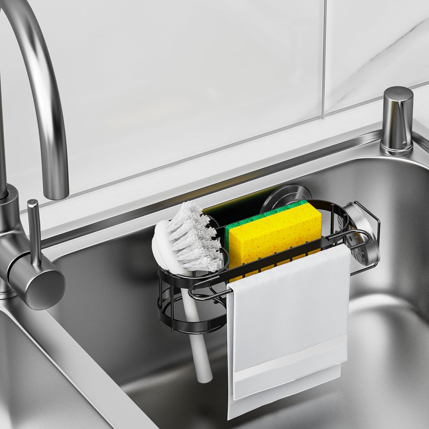 Cisily Kitchen Sink Caddy Sponge Holder in The Sink, Stainless Steel Kitchen Sink Organizer, Brush
