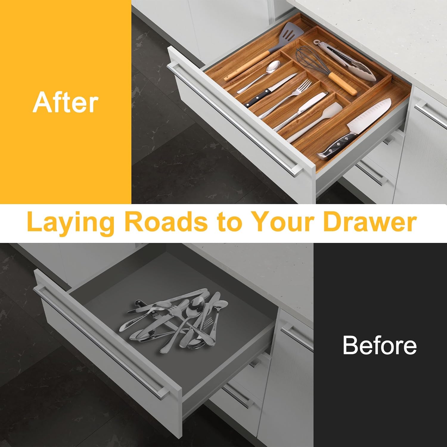 Large Premium Acacia Silverware Organizer - Expandable Drawer Organizer & Utensil Organizer