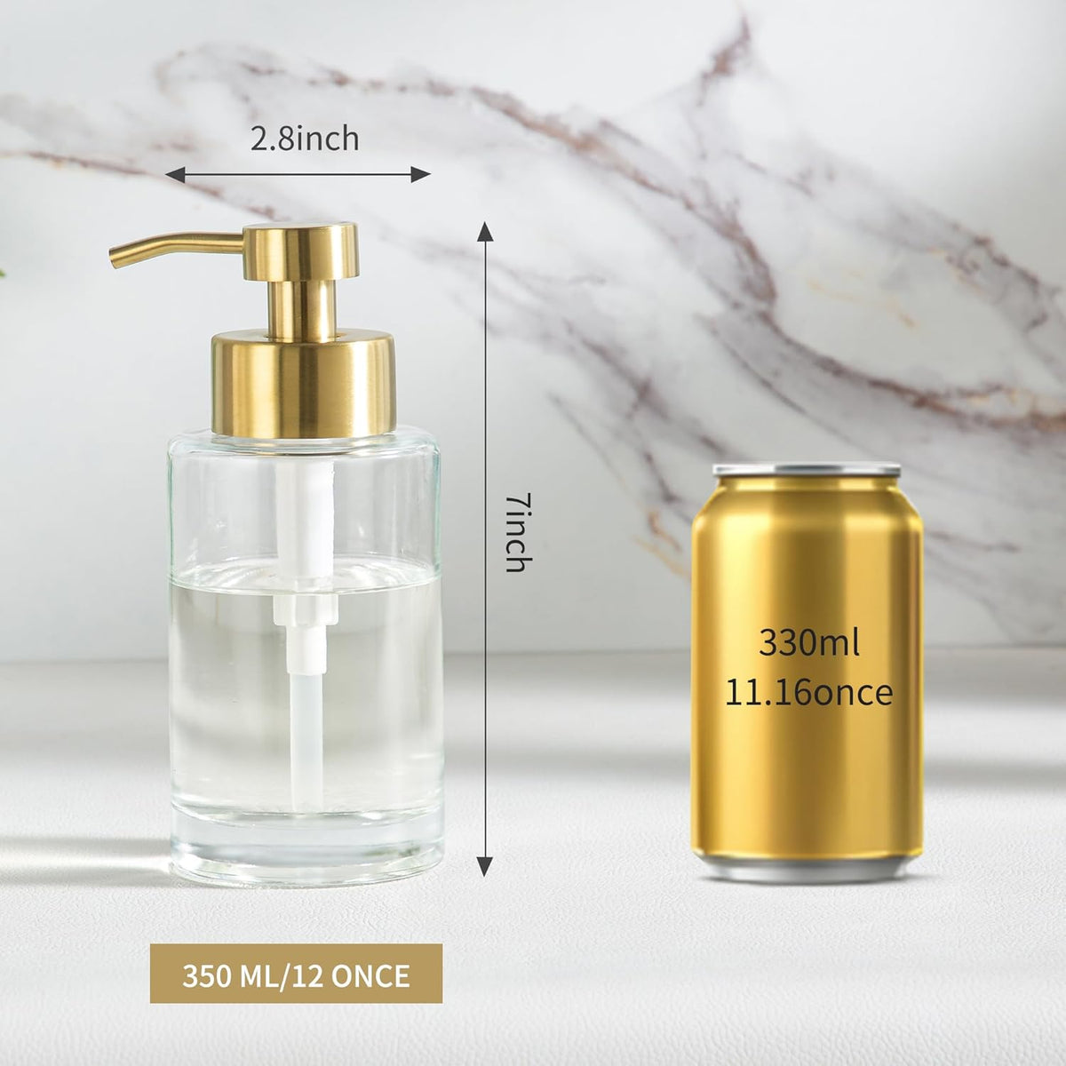 Enra Thick Glass Soap Dispenser with Stainless Steel Gold Pump,12oz Bathroom Hand Liquid Soap