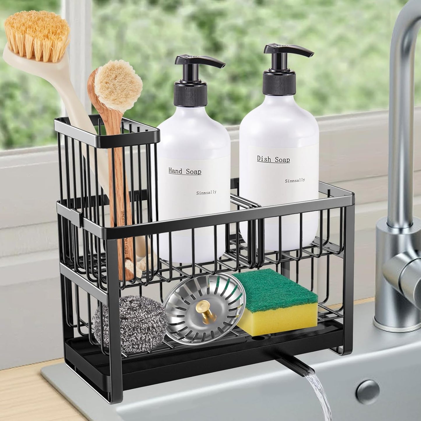 Sinnsally Kitchen Sponge Holder,2 Tier Sink Caddy Organizer with High Brush Holder,Stainless Steel