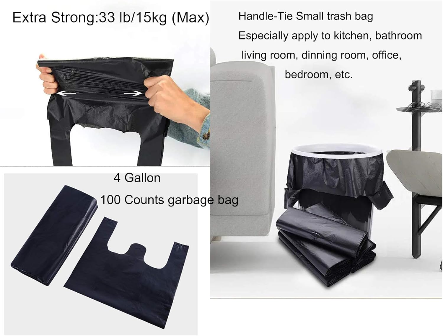 YYaaloa 100 pcs Black Trash Bags with Handles - 14x22 Super Thick 1.8mil Plastic Rubbish Bags for