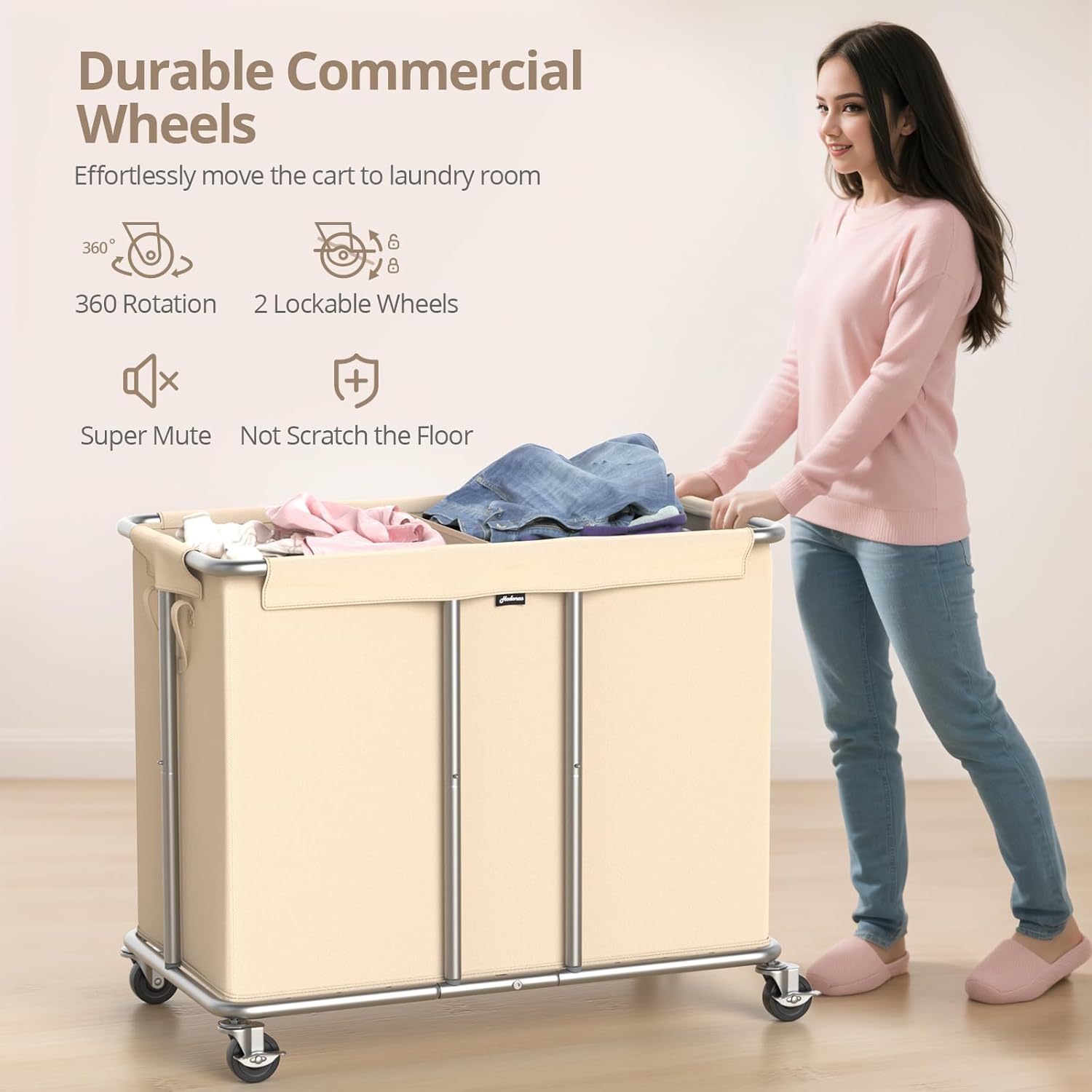 230L Rolling Laundry Hamper, 2-Section Laundry Basket with Wheels, 61 Gallons Laundry Sorter with