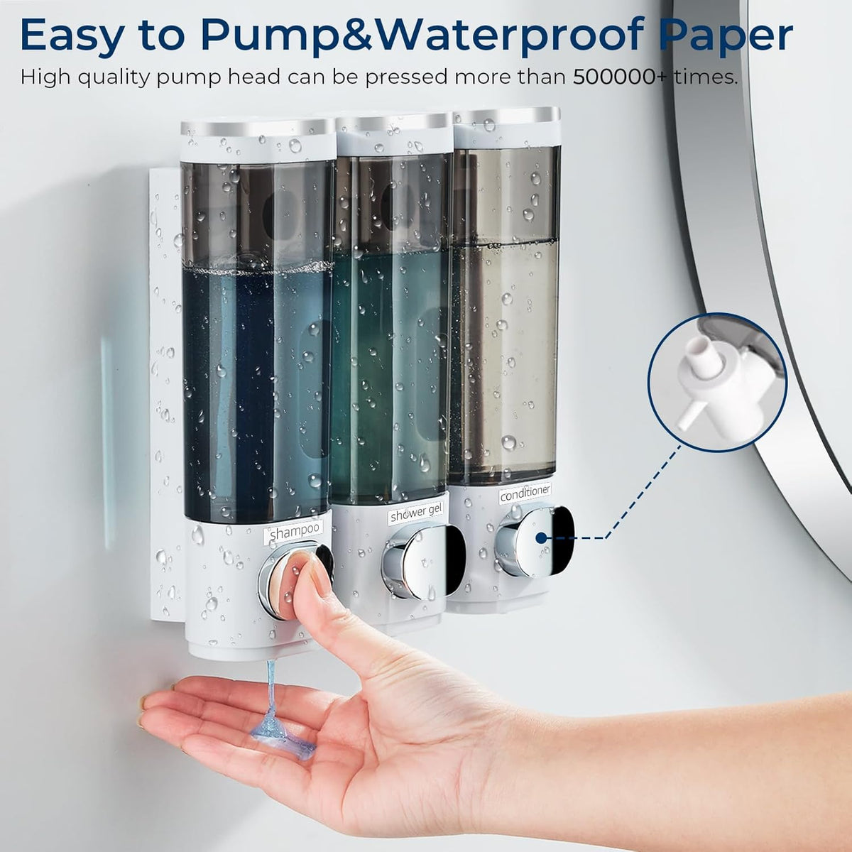 Shampoo and Conditioner Dispenser, Shower Soap Dispenser 3 Chamber No Drill Shampoo Dispenser for