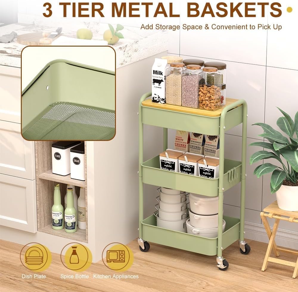 3 Tier Metal Utility Cart, Rolling Storage Cart with Wooden Tabletop, Metal Organizer Cart with