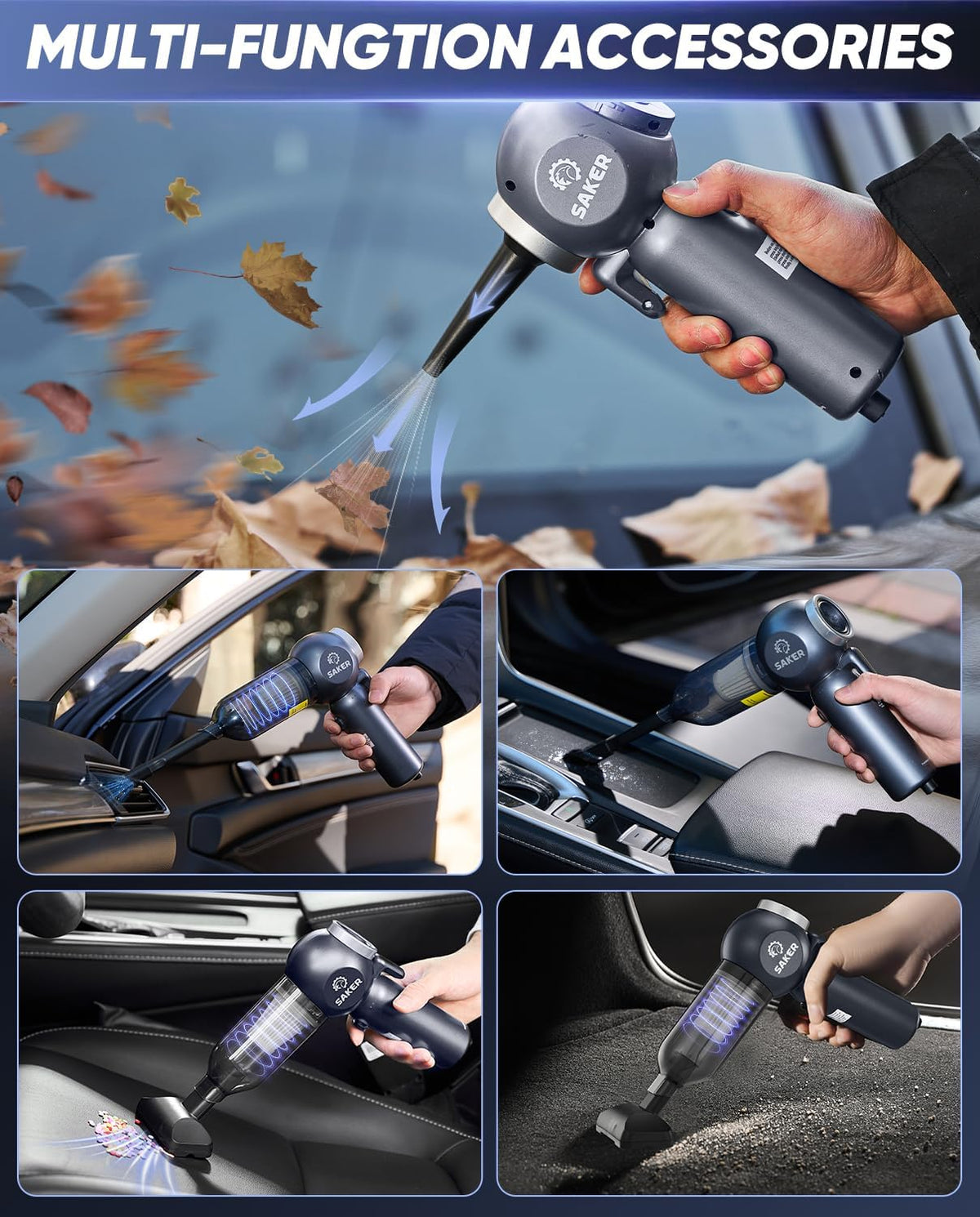 Saker 6 in 1 Car Vacuum Cleaner, 20000PA Handheld Vacuum Cordless Rechargeable 7800mAH with Type-C