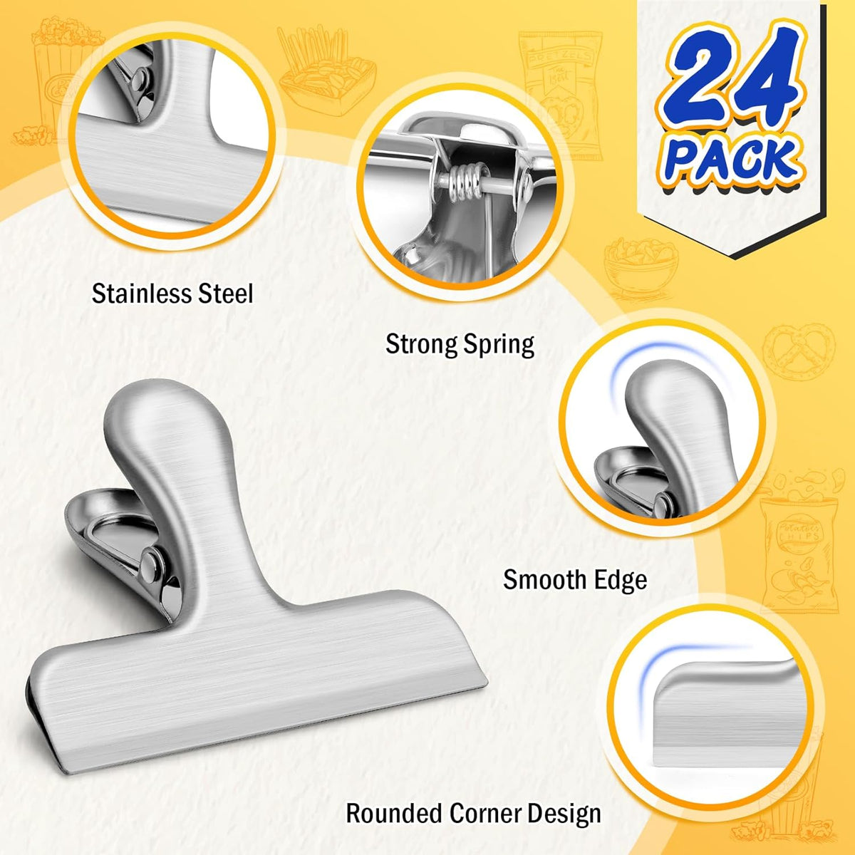 VNDUEEY 24 Pack Stainless Steel Chip Clips, Bag Clips for Food, Heavy Duty Snack Clip Clip to Seal