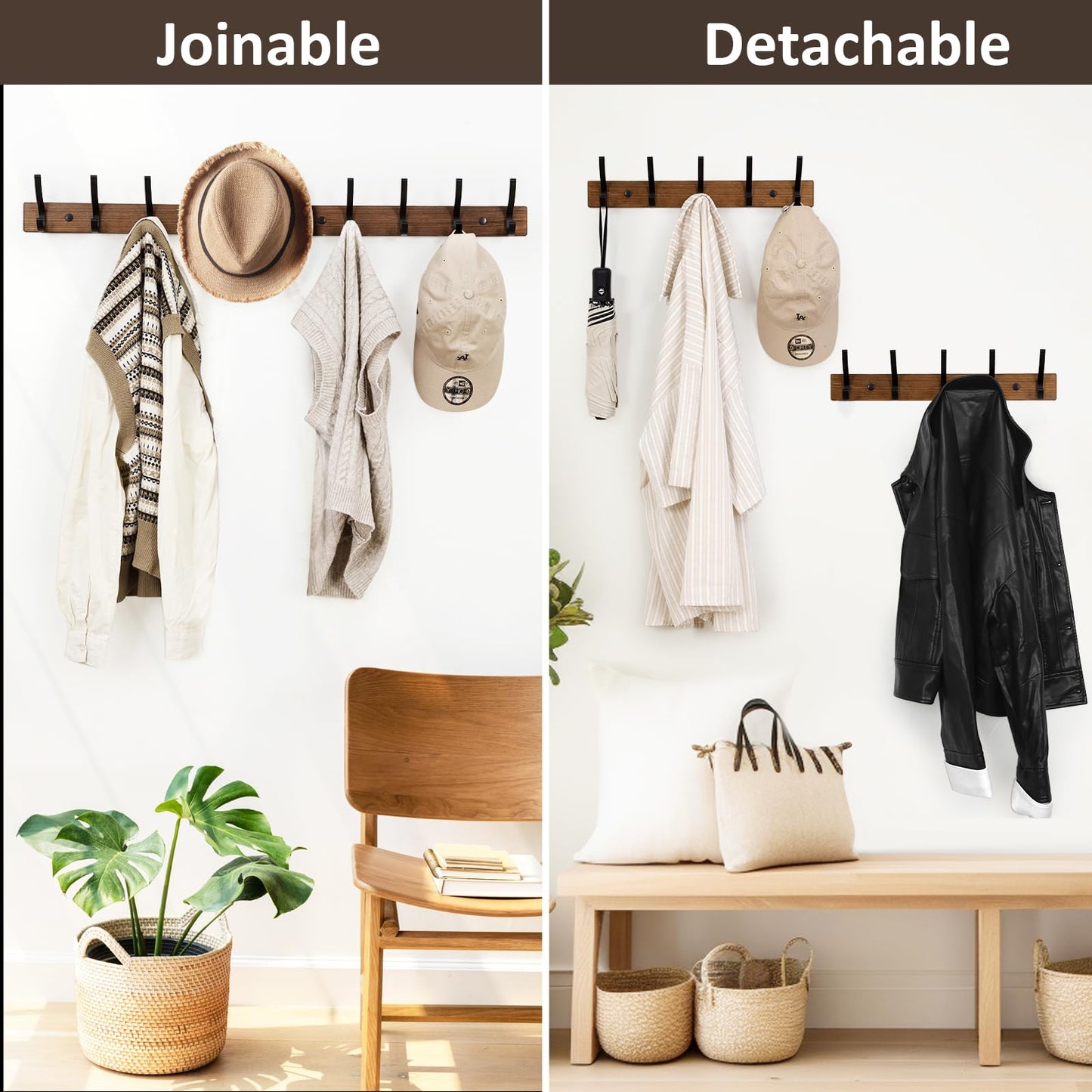 Optish Coat Rack Wall Mount, 16.5 Inches Wood Coat Hooks, Wall Hooks for Hanging, Hat Rack Bag