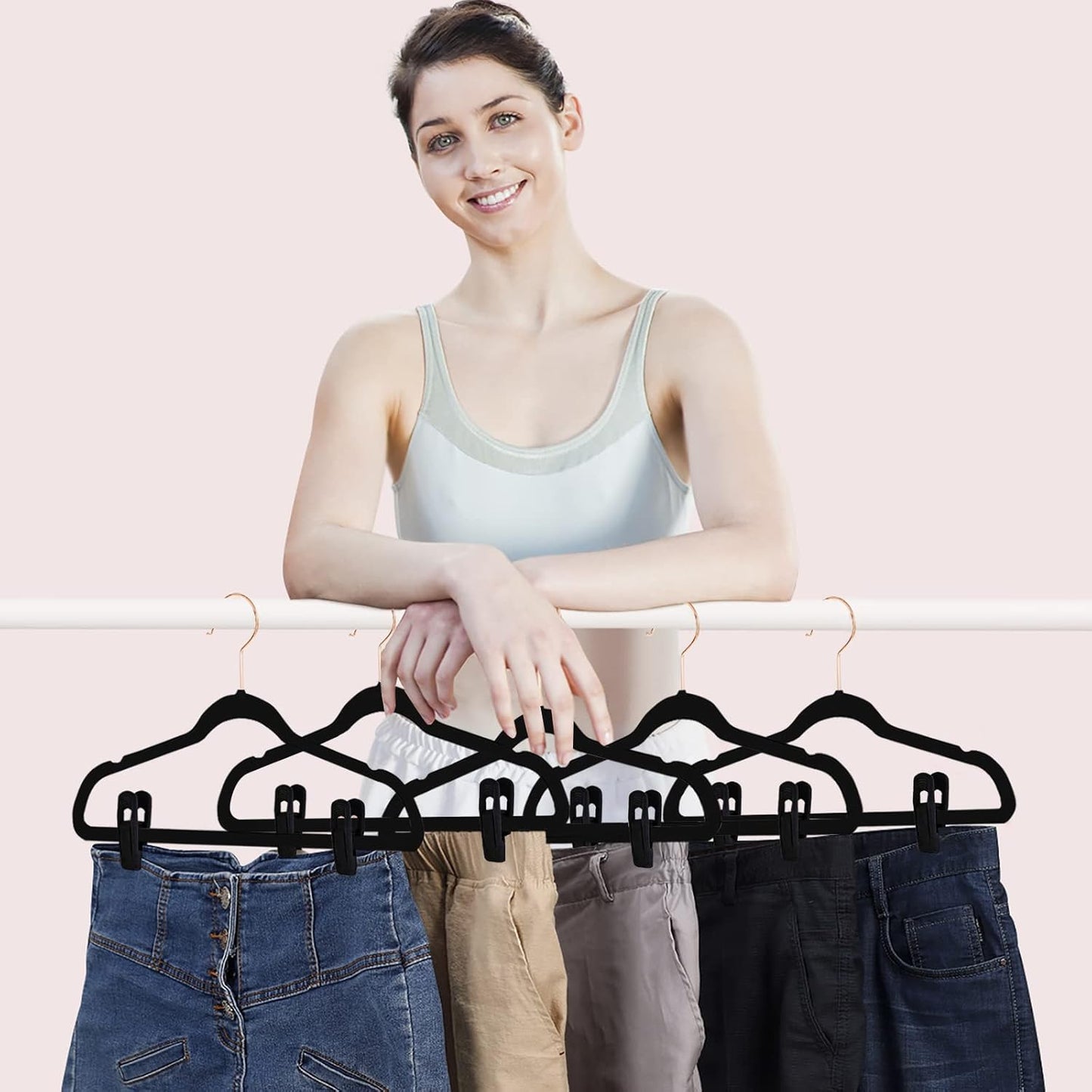 Black Velvet Hangers Clips 50 PCS, Non-Slip Velvet Clips for Suit Pant Skirt Hanger, Strong Finger