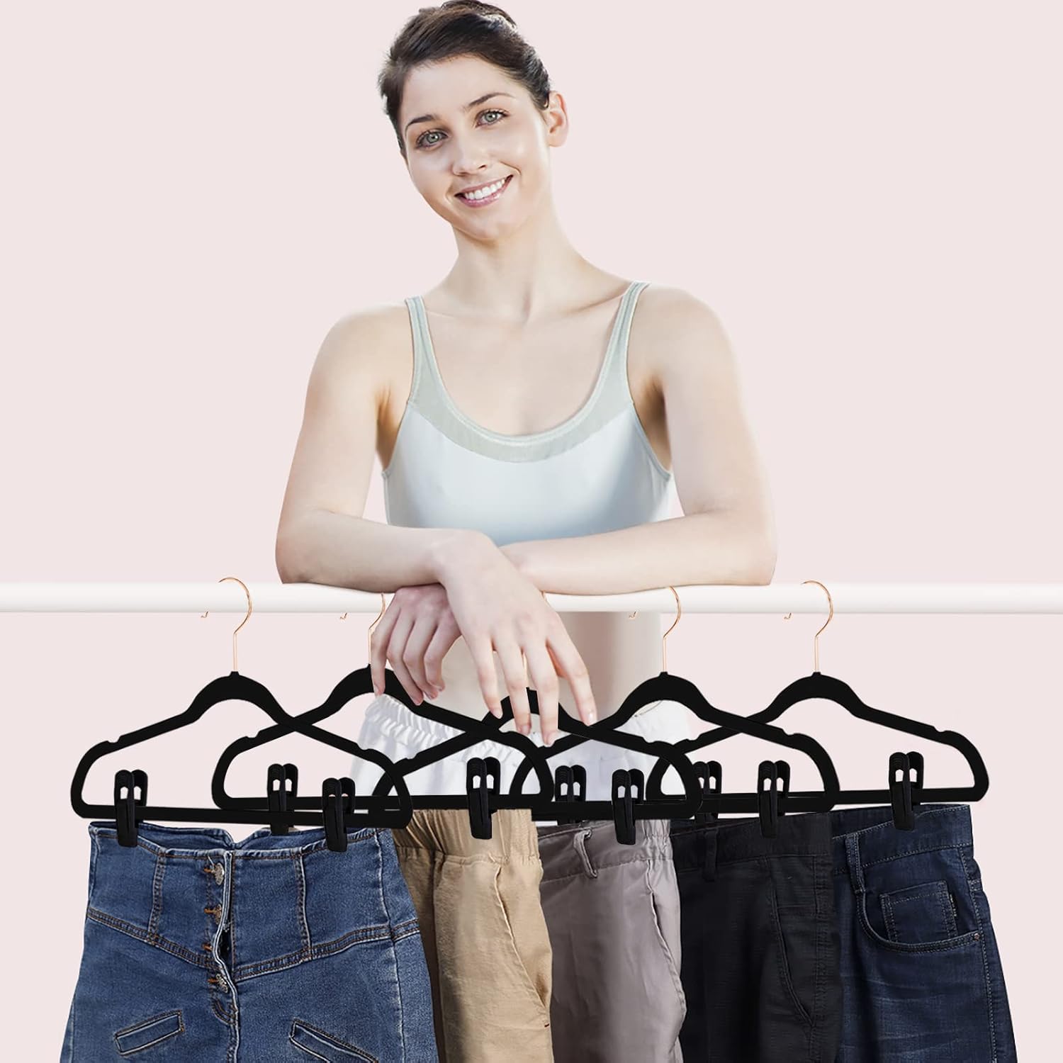 Black Velvet Hangers Clips 50 PCS, Non-Slip Velvet Clips for Suit Pant Skirt Hanger, Strong Finger