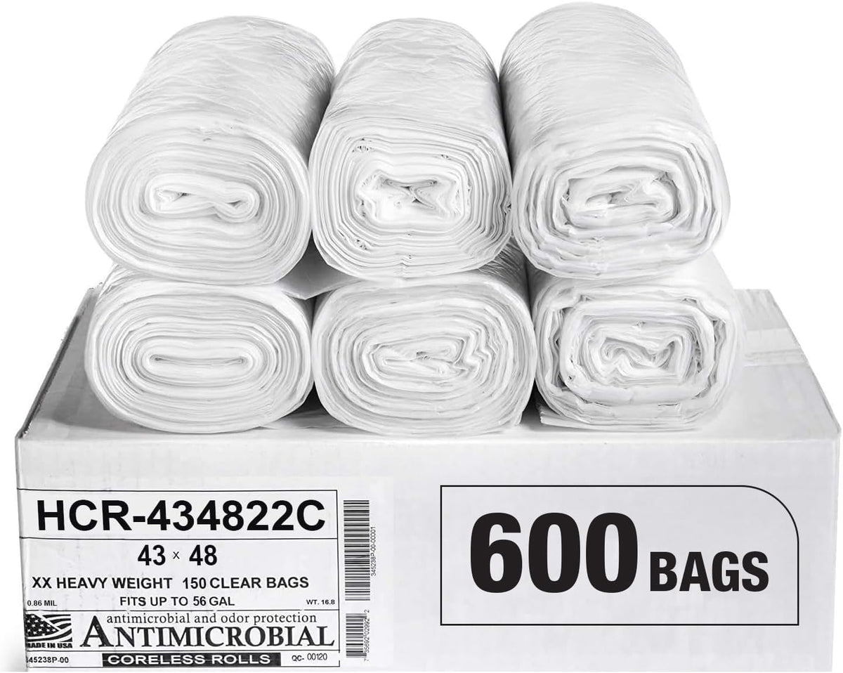 Aluf Plastics High Density Trash Bags, 56 Gallon, 600 Count, 22 Micron (eq), 43" x 48", Clear, for