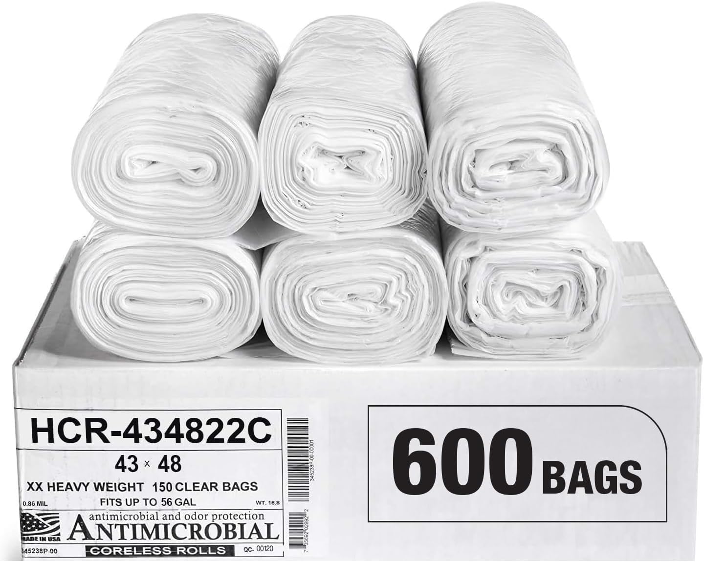 Aluf Plastics High Density Trash Bags, 56 Gallon, 600 Count, 22 Micron (eq), 43" x 48", Clear, for