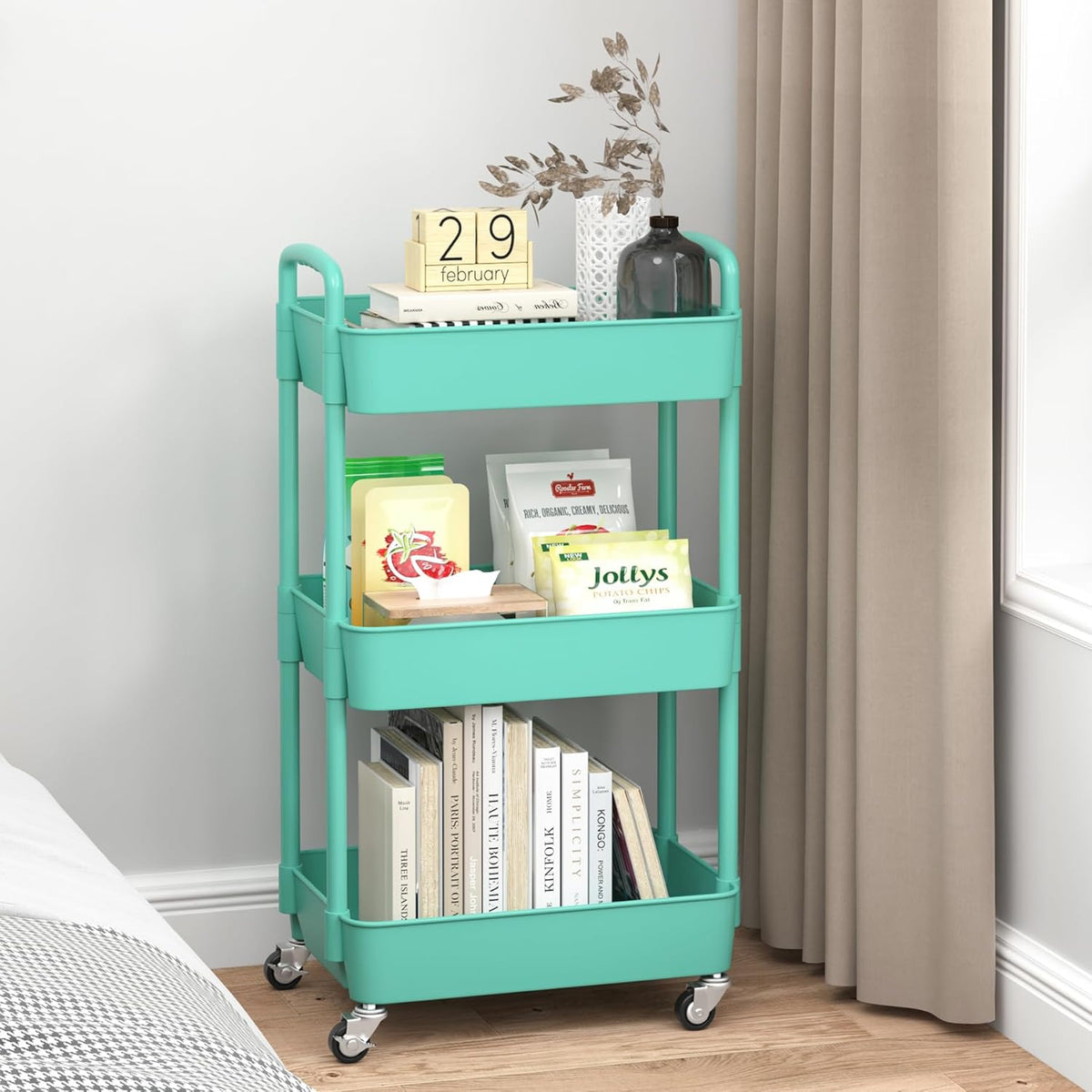 Sywhitta 3-Tier Plastic Rolling Utility Cart with Handle, Multi-Functional Storage Trolley for