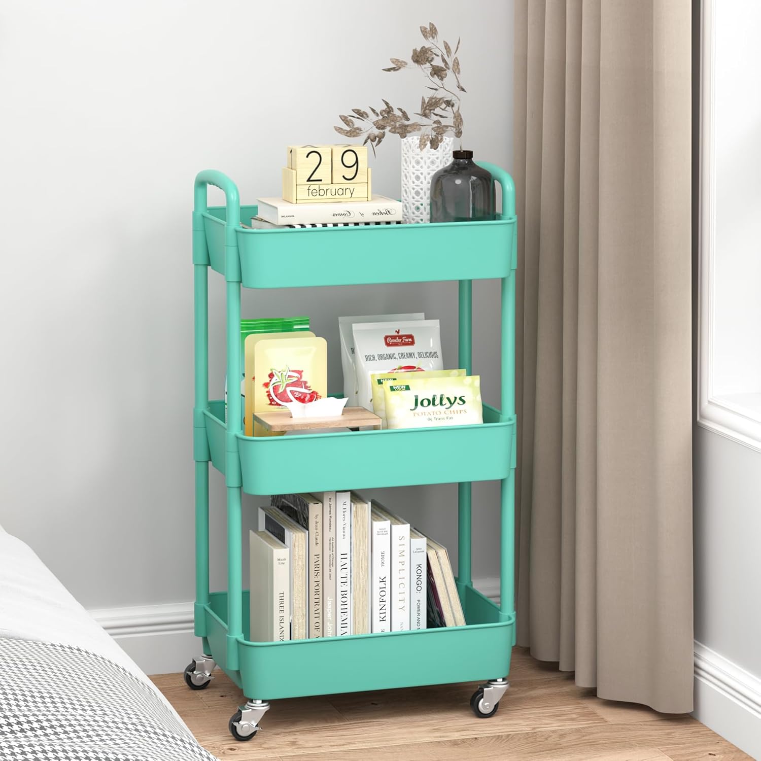 Sywhitta 3-Tier Plastic Rolling Utility Cart with Handle, Multi-Functional Storage Trolley for