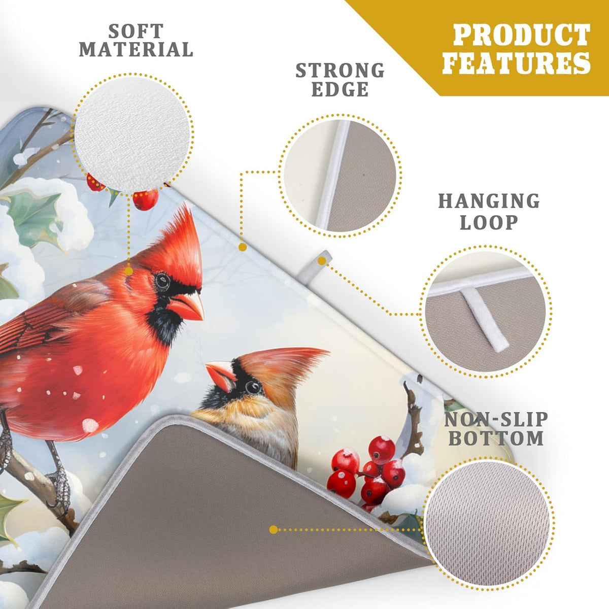 Winter Cardinal Birds Dish Drying Mat, Holly Berry Branches Dish Drying Mat for Kitchen Counter