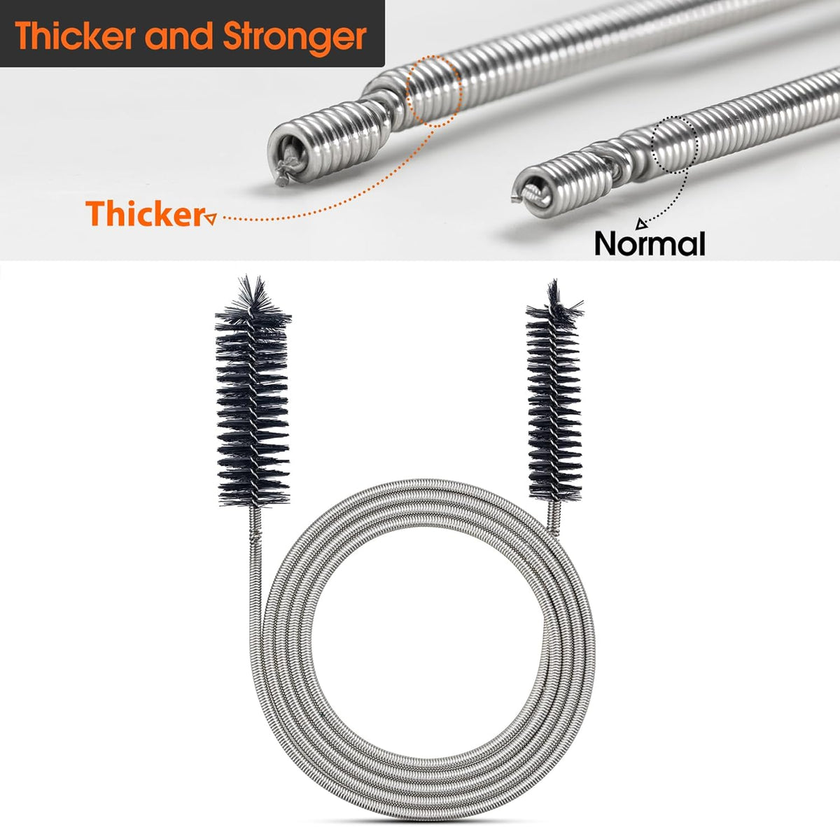 Extra-Thick Drain Brush with Stronger Spring - 67-Inch Flexible Pipe Cleaning Tool - Dual Bristle