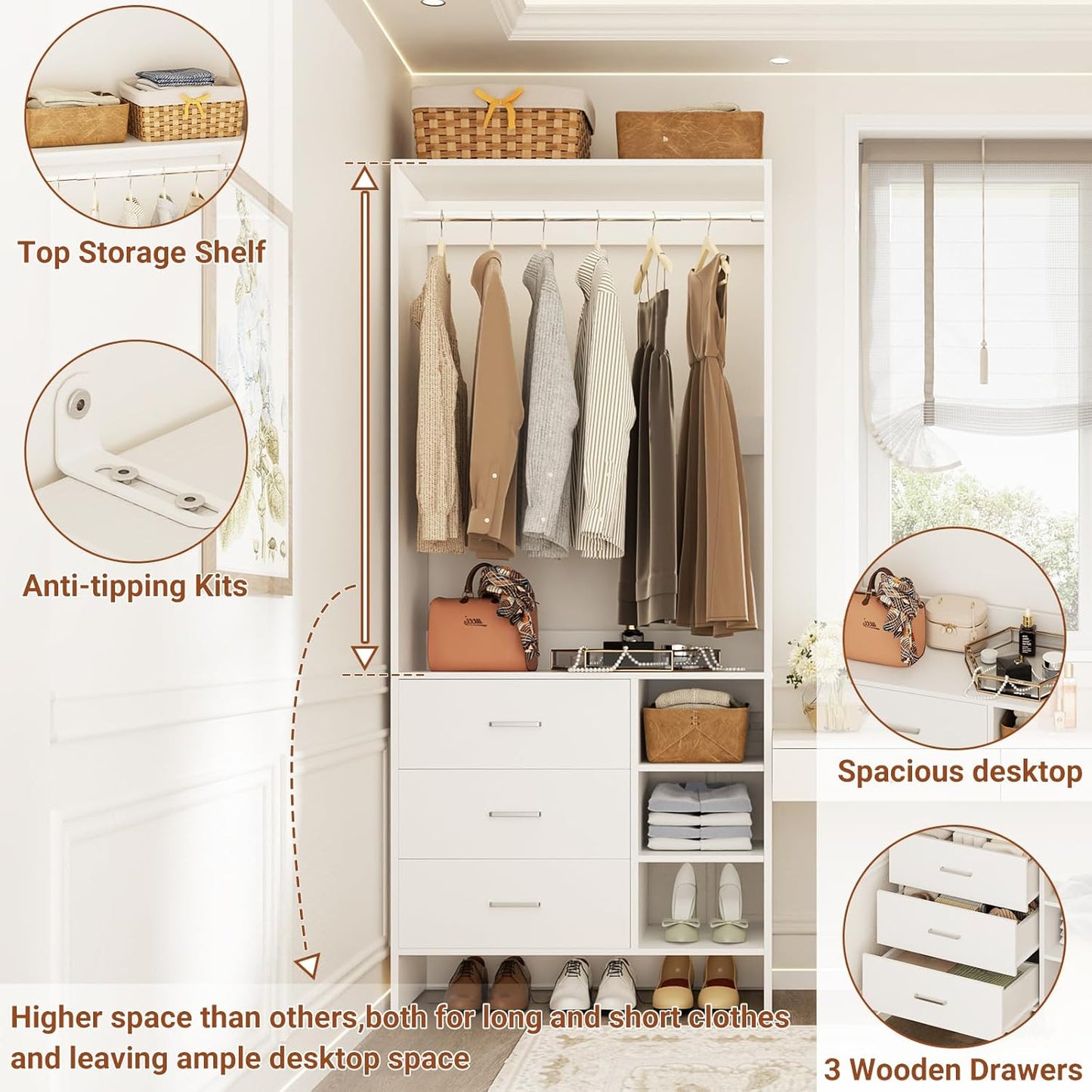 Aheaplus 2.5FT Closet System with 3 Drawers, 29.5’’ Closet Organizer, Wood Closet Organizer System