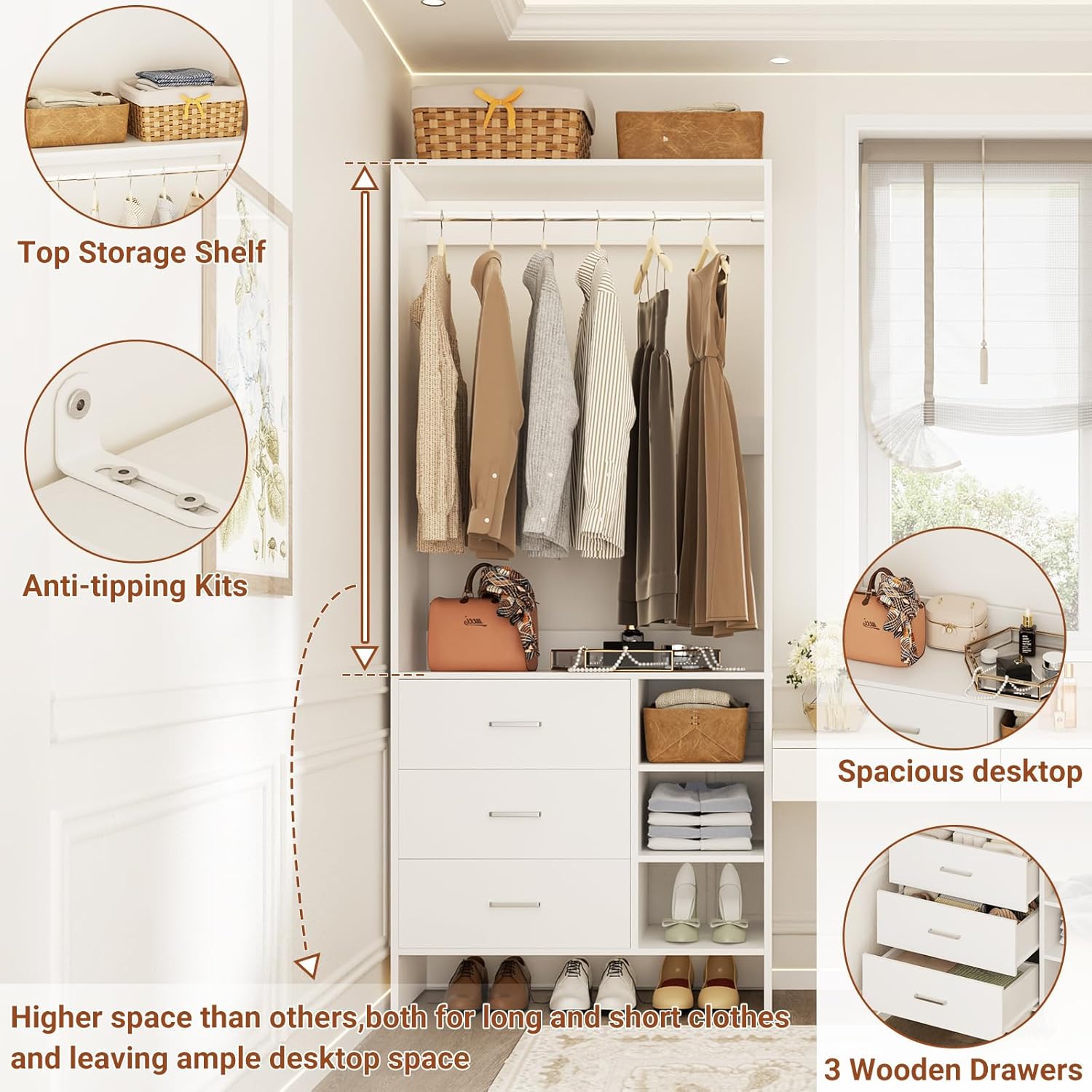Aheaplus 2.5FT Closet System with 3 Drawers, 29.5’’ Closet Organizer, Wood Closet Organizer System