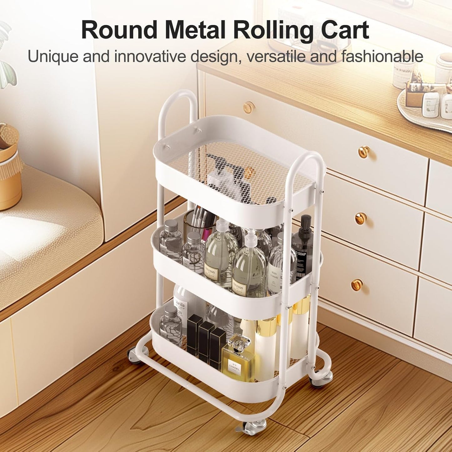 EAGMAK 3 Tier Rolling Cart, Round Metal Utility Cart with Lockable Wheels, Storage Cart Organizer