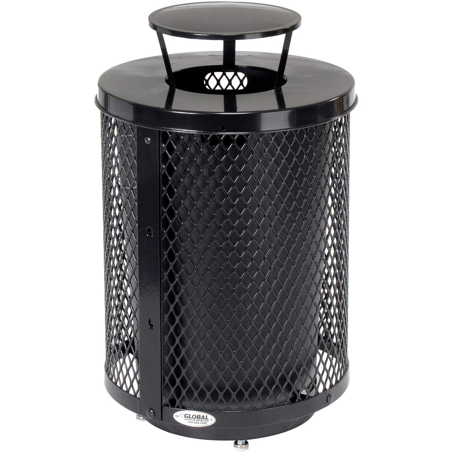 Global Industrial Outdoor Diamond Steel Trash Can with Rain Bonnet Lid, Raised Base and Plastic