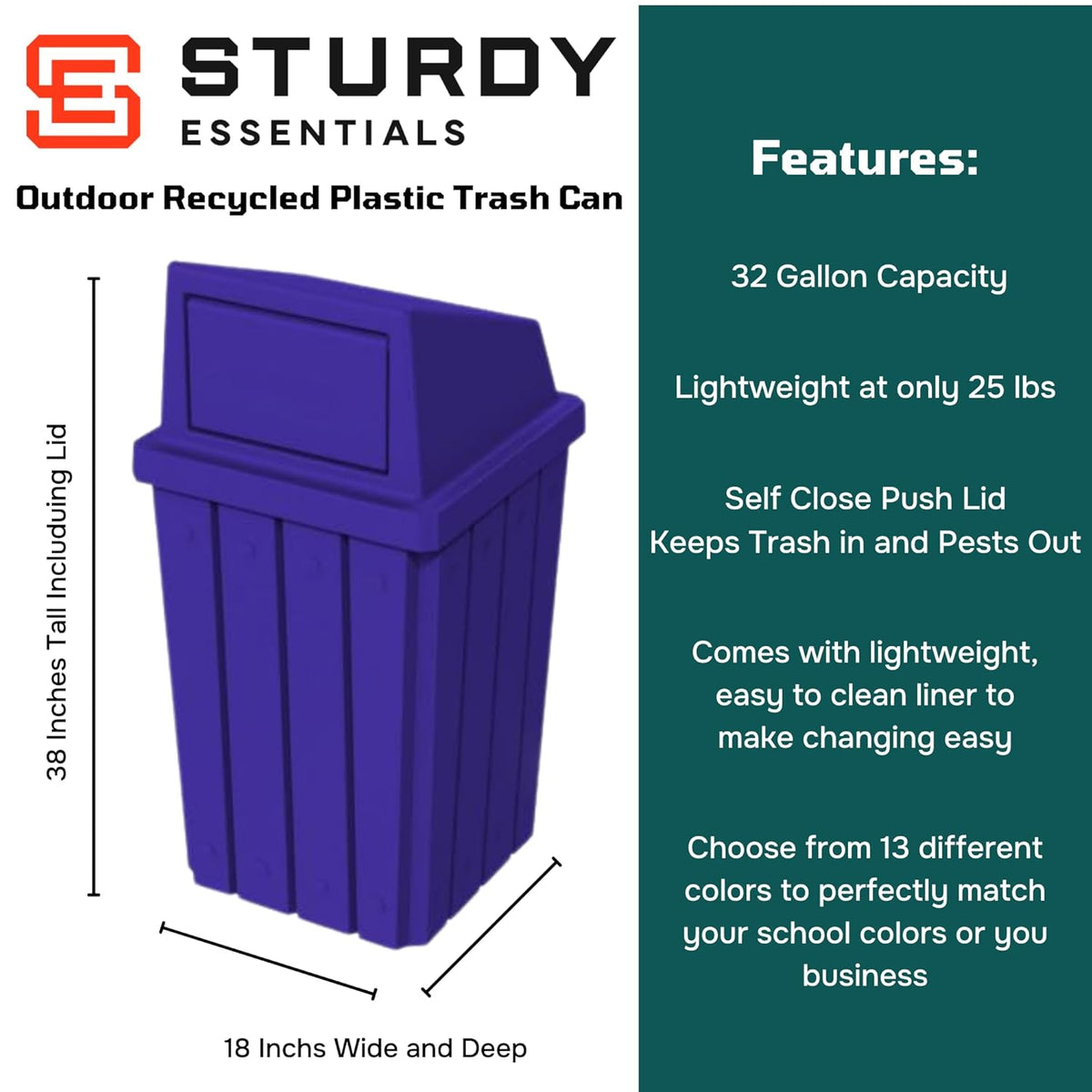 32 Gallon Square Slatted 100% Recycled Plastic Heavy-Duty Commercial Outdoor or Indoor Trash Can