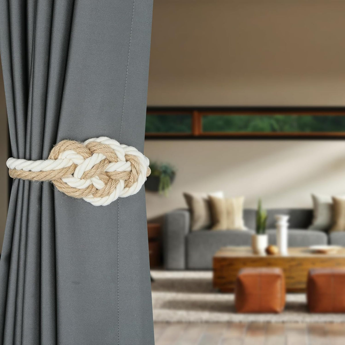 4 Pack Natural Jute Magnetic Curtain Tiebacks, Boho Rustic Style Decorative Curtain Ties Backs for