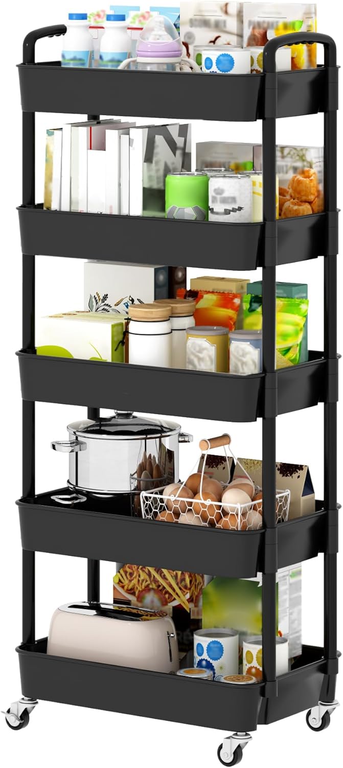 Sywhitta 5-Tier Plastic Rolling Utility Cart with Handle, Multi-Functional Storage Trolley for