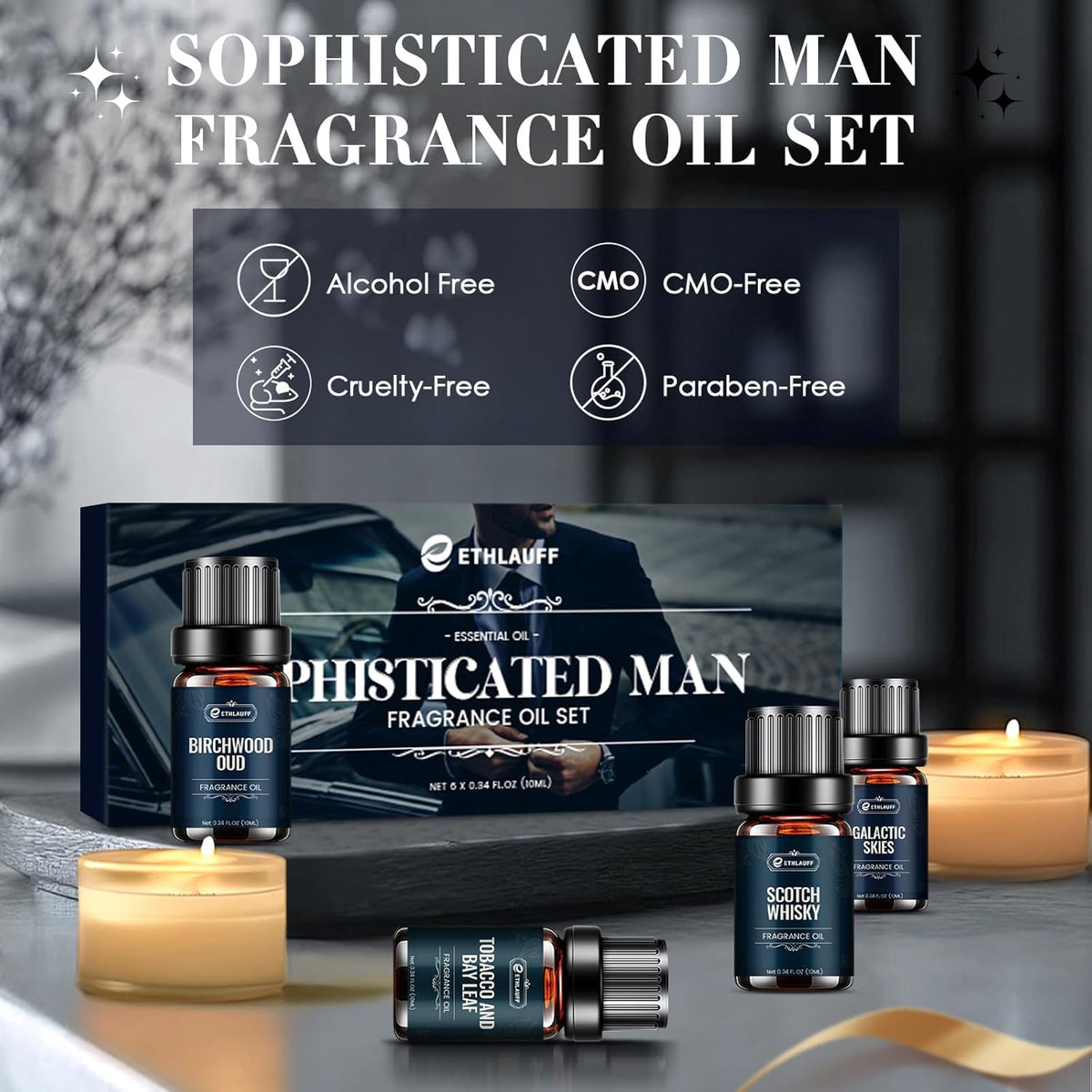 Men Essential Oils Set - TOP 6 Gentlemen's Fragrance Oil for Diffuser, Candle & Soap Making