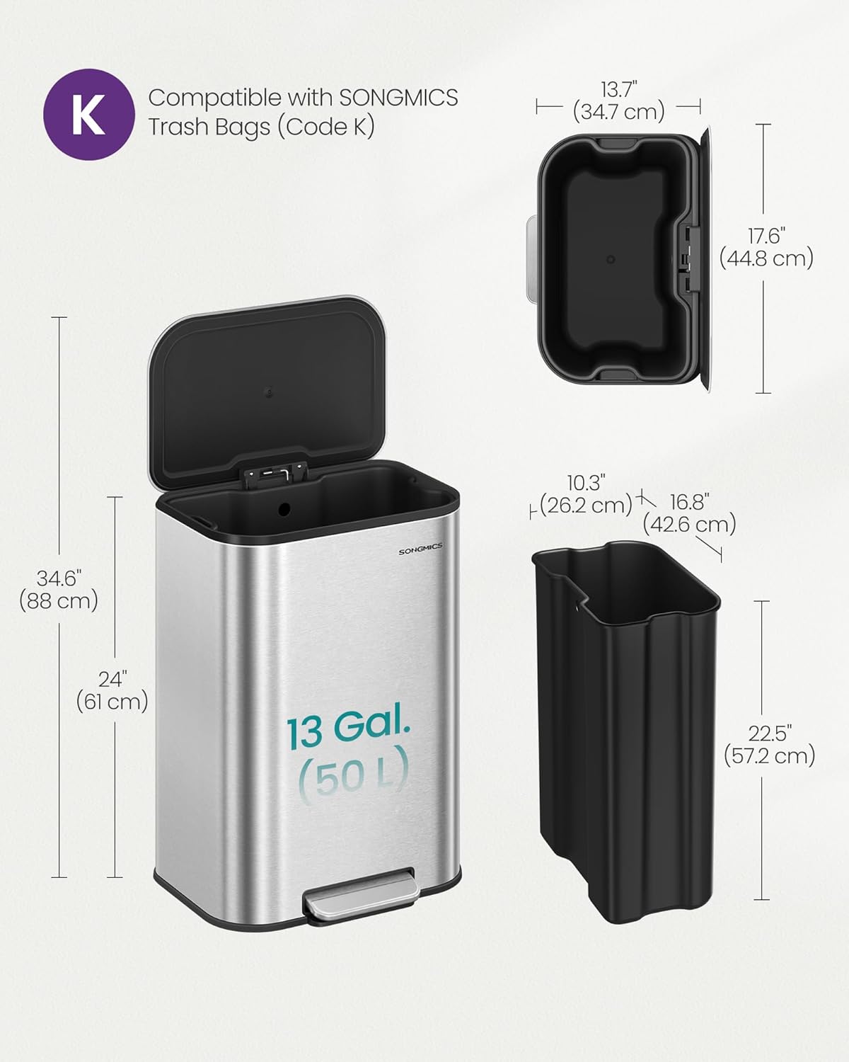SONGMICS Kitchen Trash Can, 13-Gallon (50 L) Garbage Can with Lid, Stainless Steel, Soft Close and