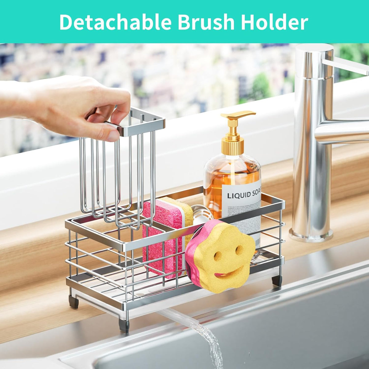 HapiRm Sponge Holder for Kitchen Sink - Self-draining Sink Caddy with Smiley Face and Brush Holder
