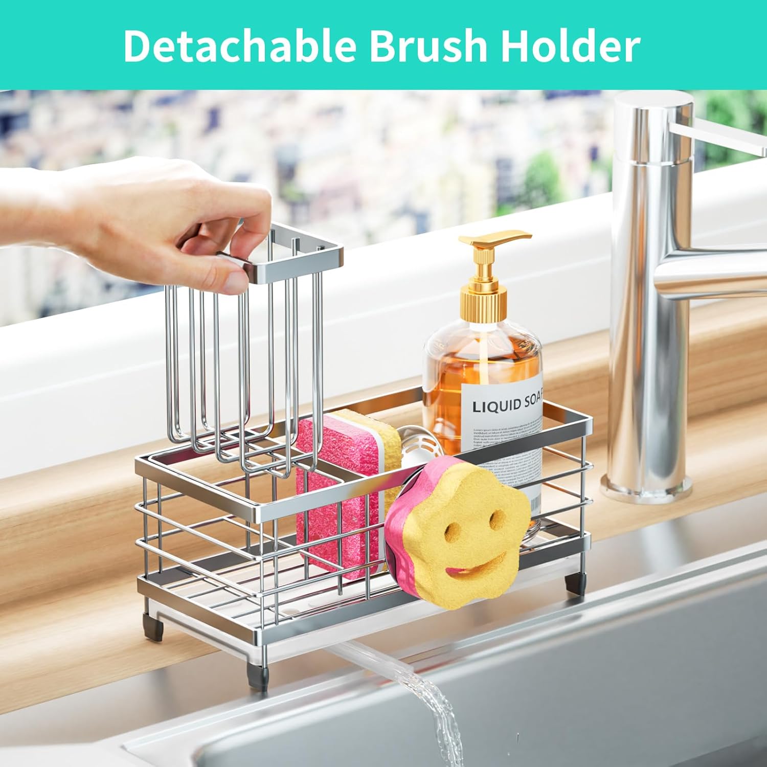 HapiRm Sponge Holder for Kitchen Sink - Self-draining Sink Caddy with Smiley Face and Brush Holder