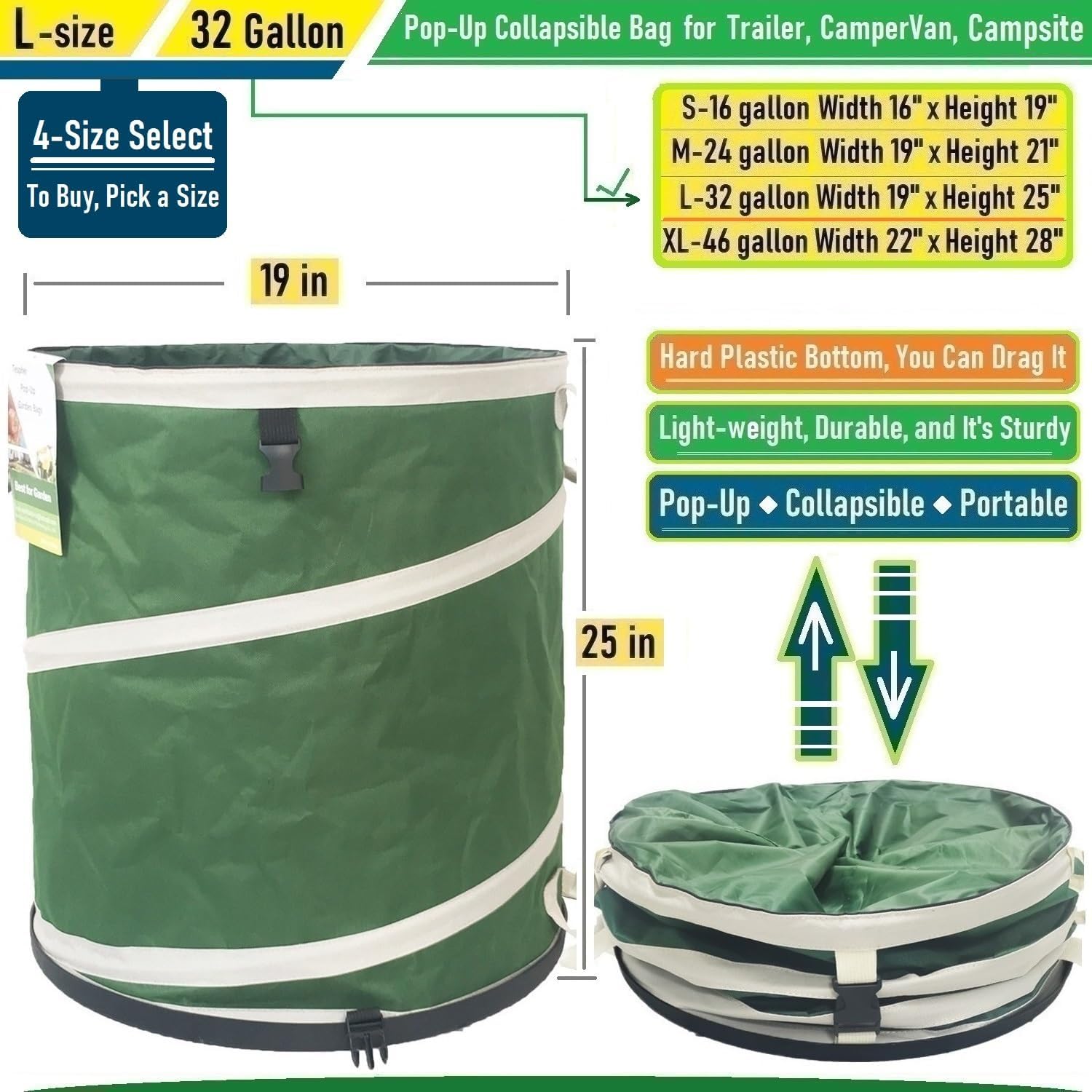 32-Gallon Collapsible Trash Can (19x25 in) Hard-Shell Bottom Yard Garden Bag for Pop-Up Recycling