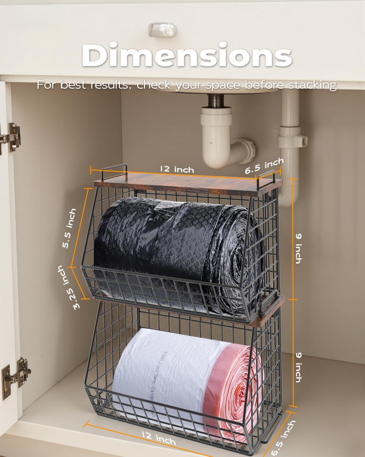 2 Pack Stackable Extra Large Trash Bag Holder Under Sink, Wall Mounted Garbage Bag Dispenser Roll