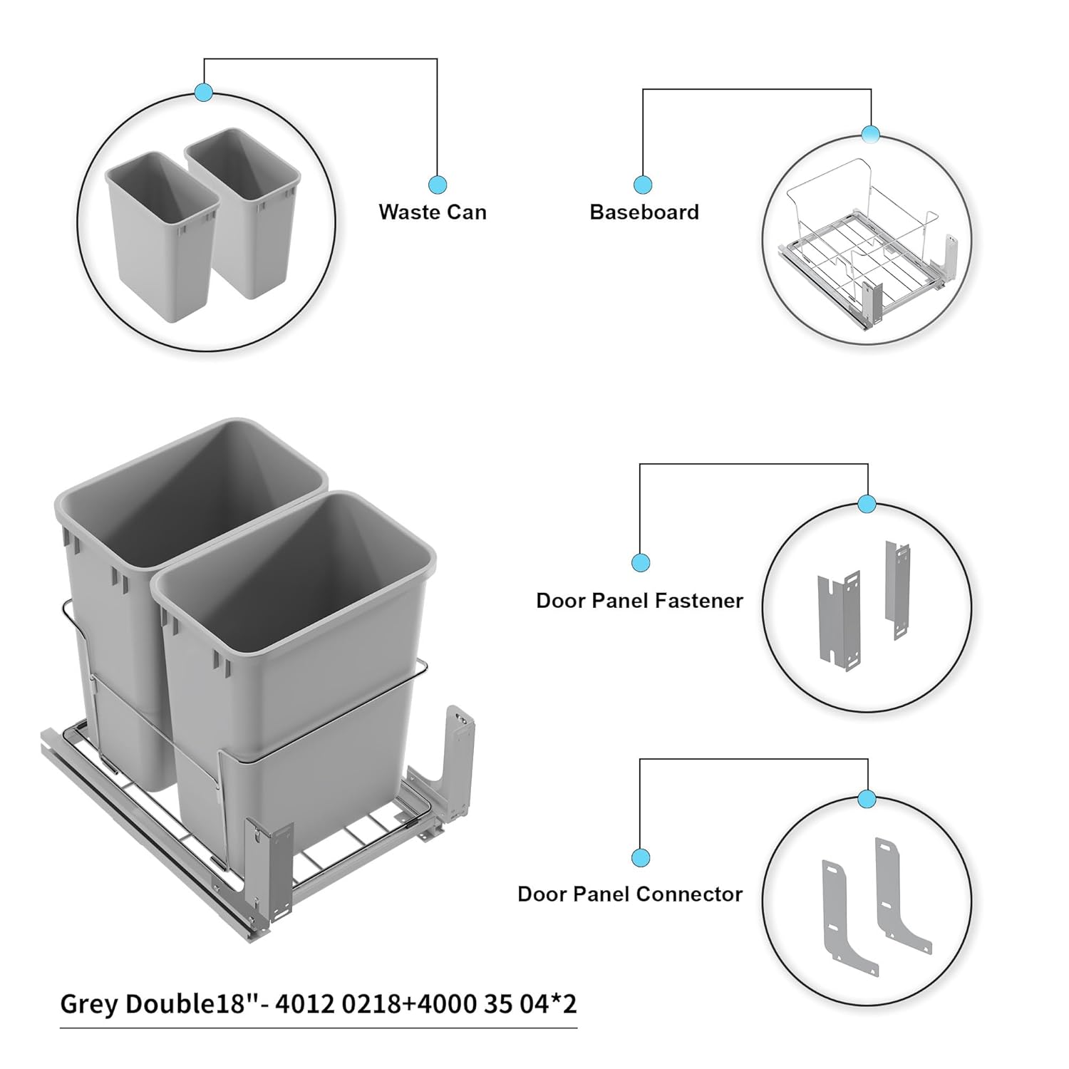 Dowell B18 Aluminum Base Wastebasket Pullout with Door Mount and Two 35Qt/9Gal Plastic Bins (4012