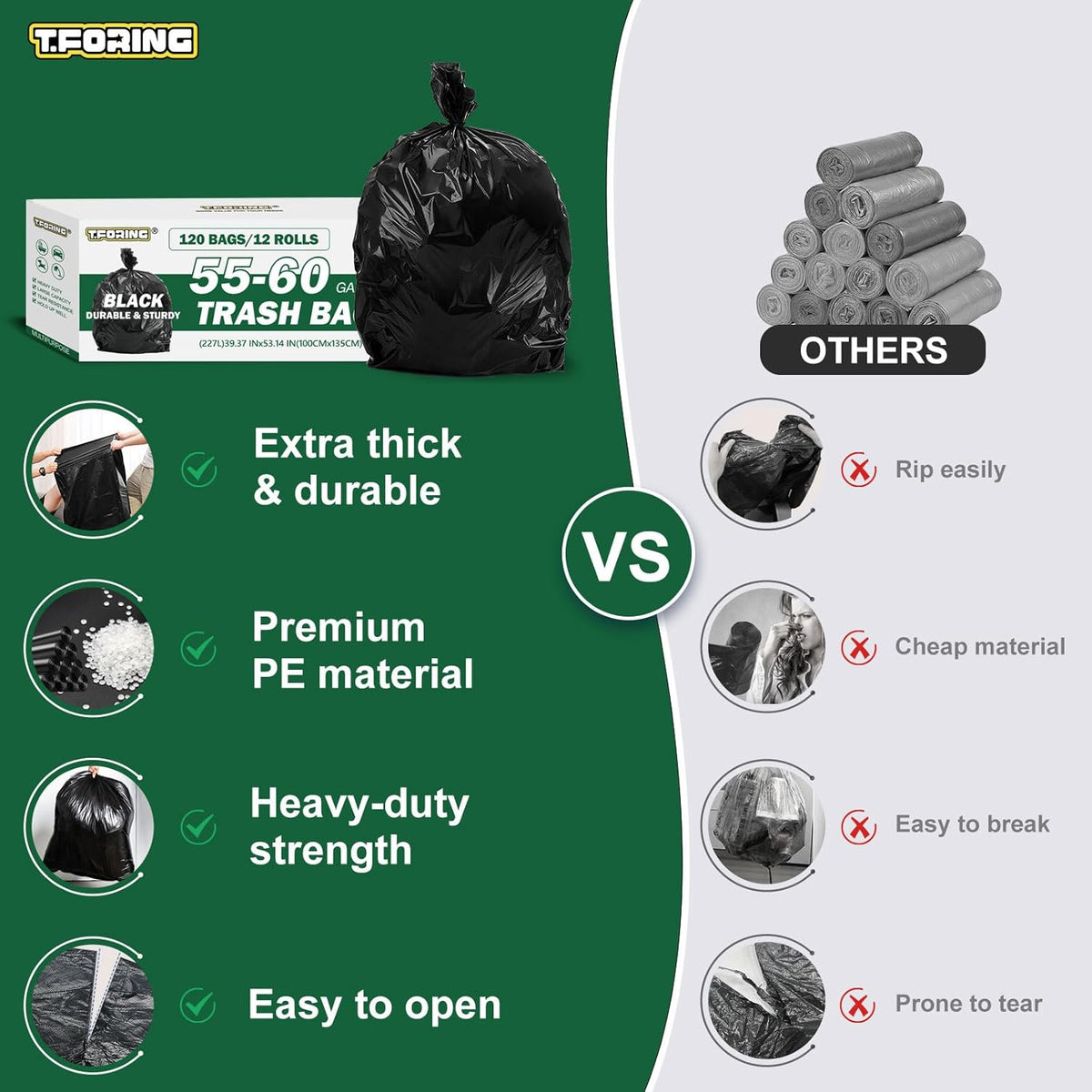 55-60 Gallon Black Trash Bags 120 Count - 40''x53'' Extra Large 50+ Gallon Garbage Bags,Unscented