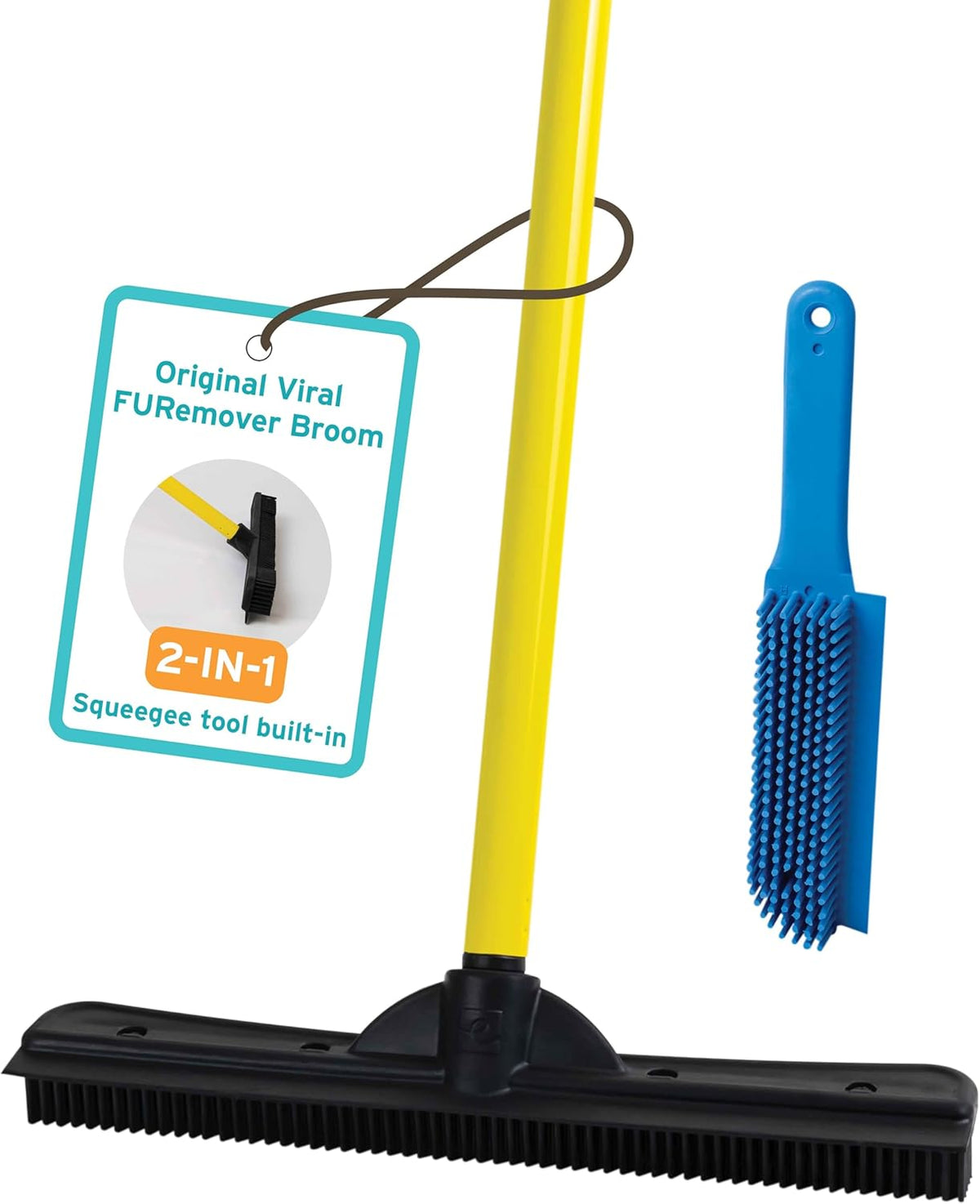 FURemover Original Pet Hair Rubber Broom with Squeegee, with 58” Telescopic Handle for Carpet, Tile