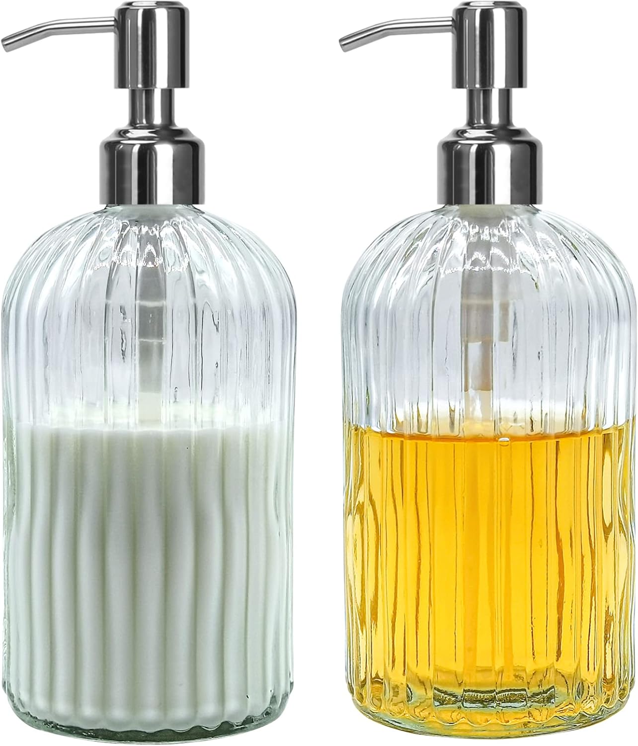 Clear Glass Soap Dispenser 18 oz, 2 Pack Hand Dish Soap Dispensers Bathroom with Stainless Steel