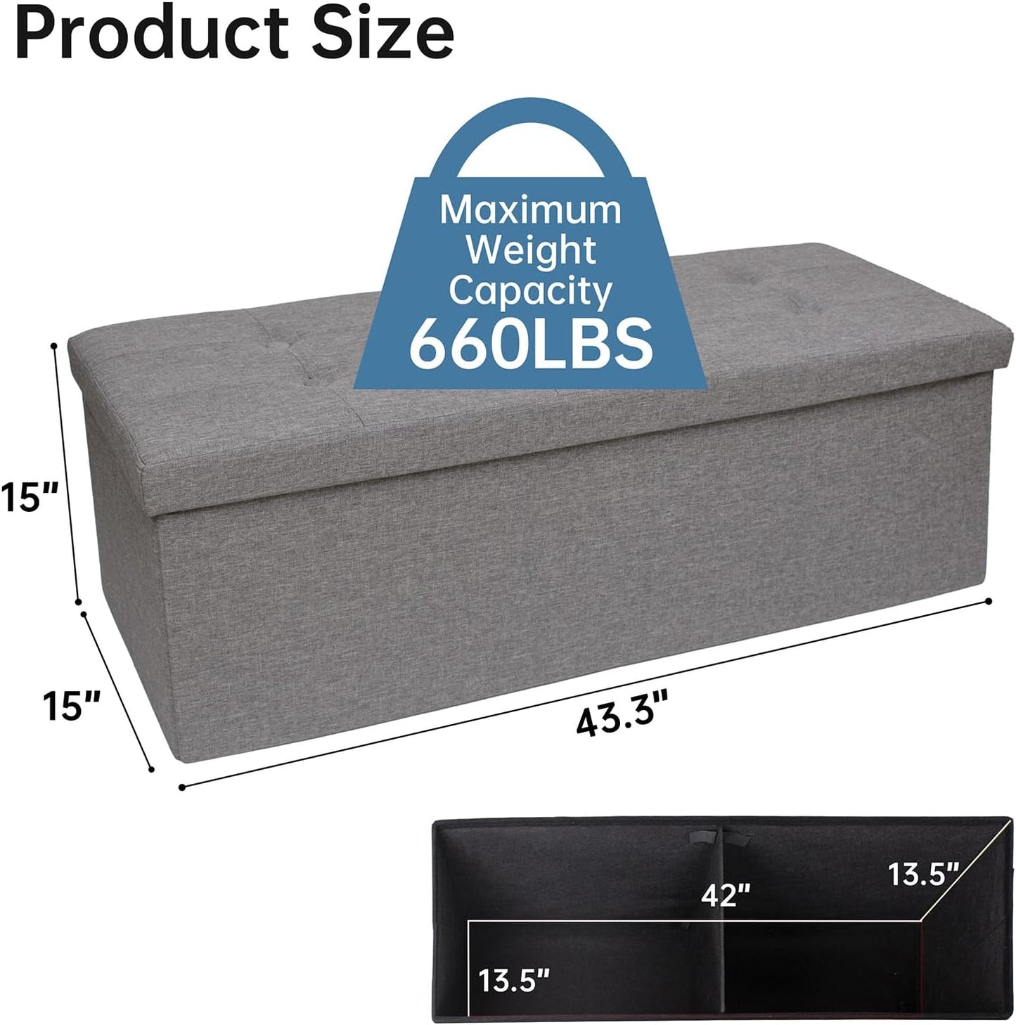 GLAXYFUR 43.3 inches Folding Storage Ottoman Bench Storage Chest Footrest for Bedroom, Entryway and