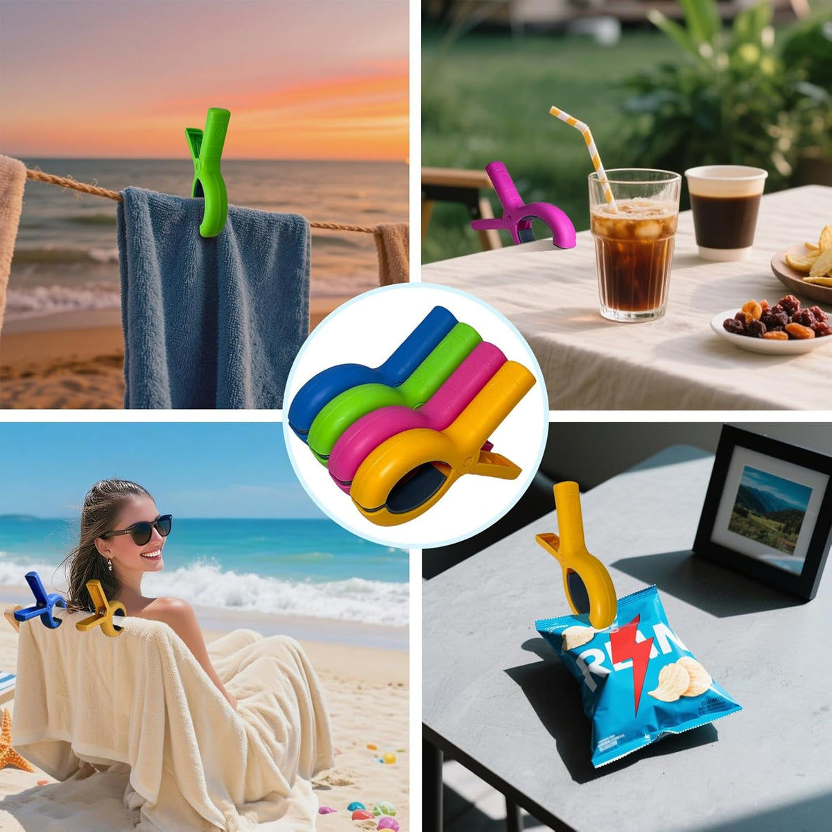 Jumbo Size Beach Towel Clips 8 Pcs, Storage Bag Included, Towel Clamps, Plastic Clothes Pegs