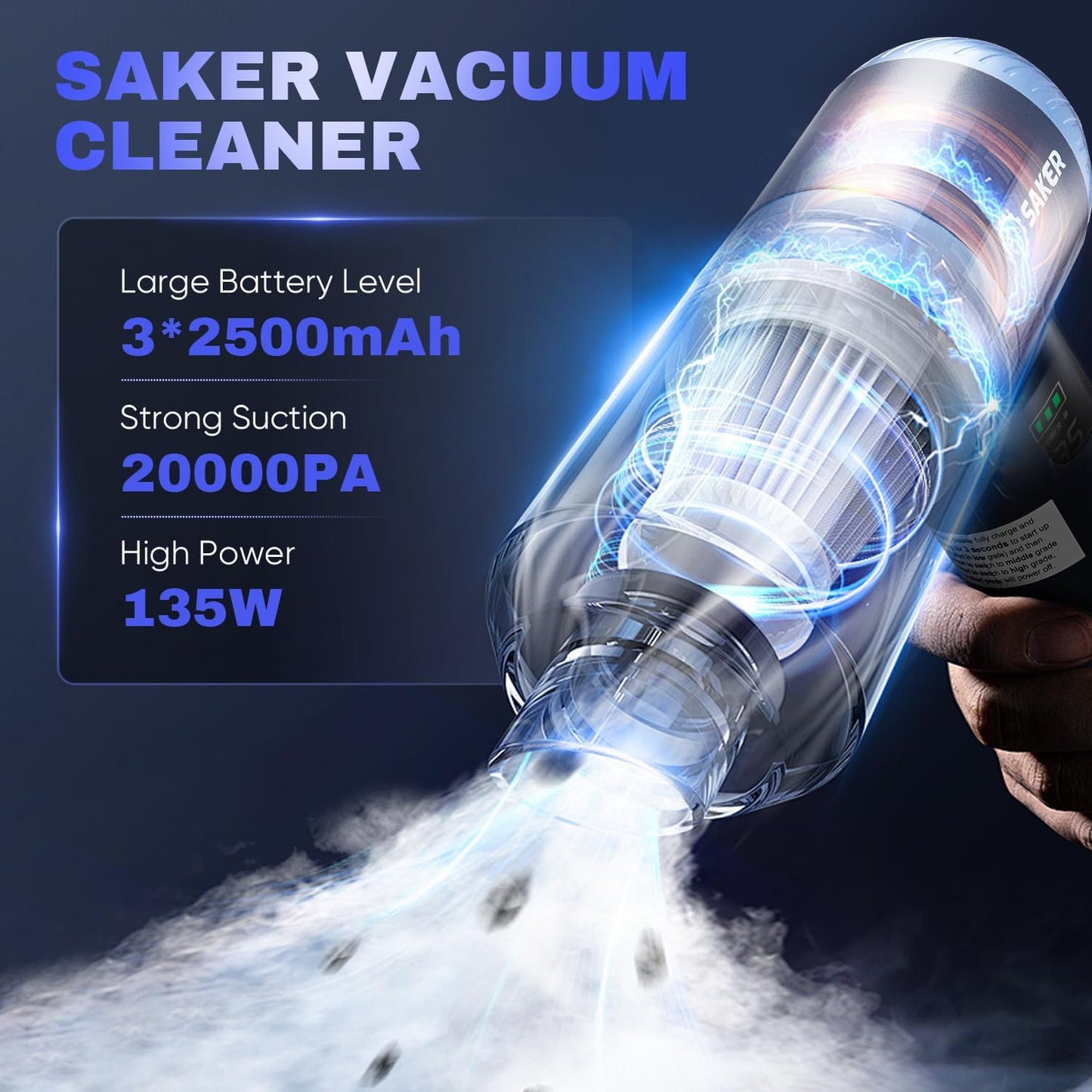 Saker Car Vacuum Portable Cordless 20000Pa Suction Power 4 in 1 Handheld Vacuum with LED Light